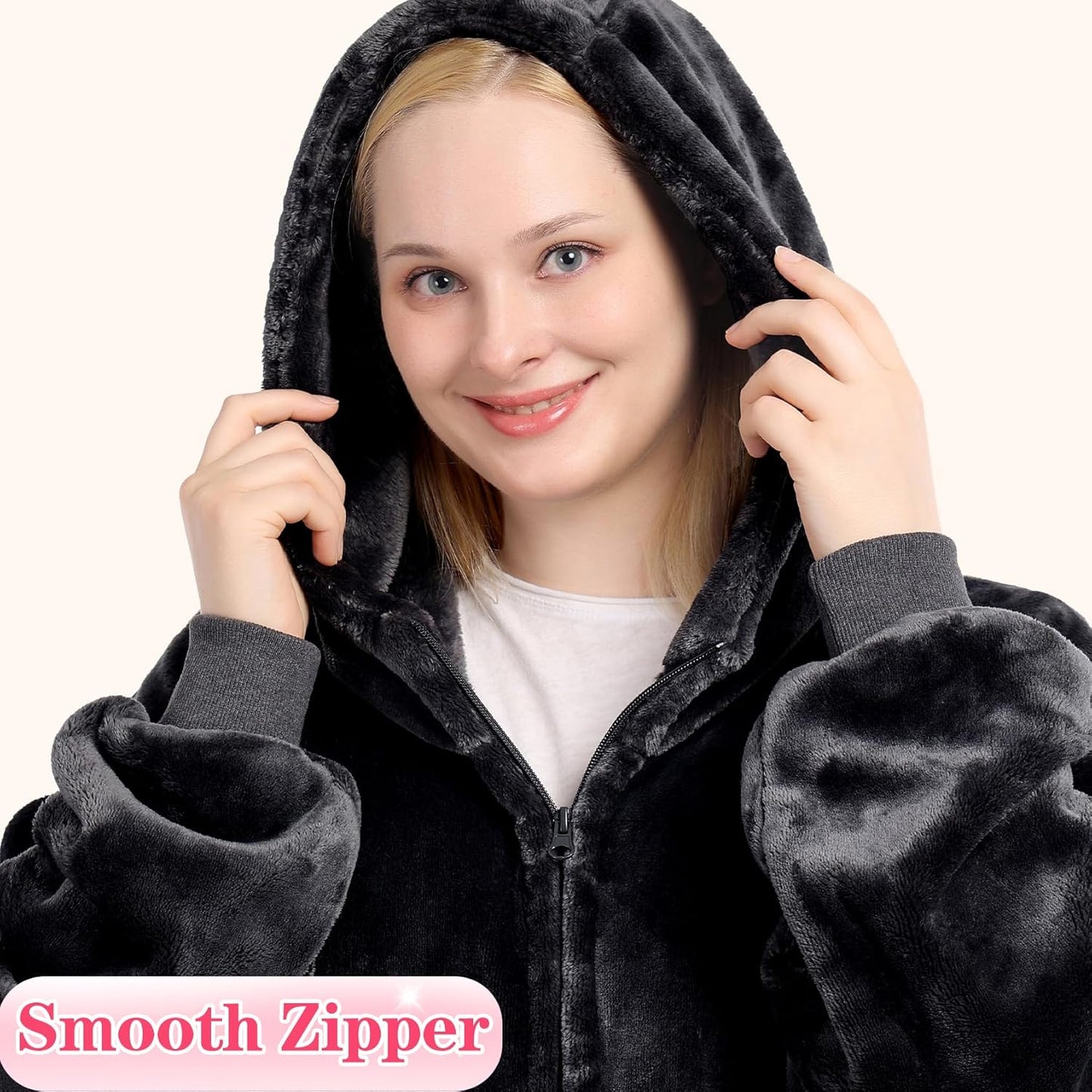 Waitu Wearable Blanket Hoodie with Zipper Gifts for Women Men, Warm and Cozy Oversized Hoodie Blanket Birthday Gifts for Women Mom, Thick Flannel Blanket with Giant Pocket - Black
