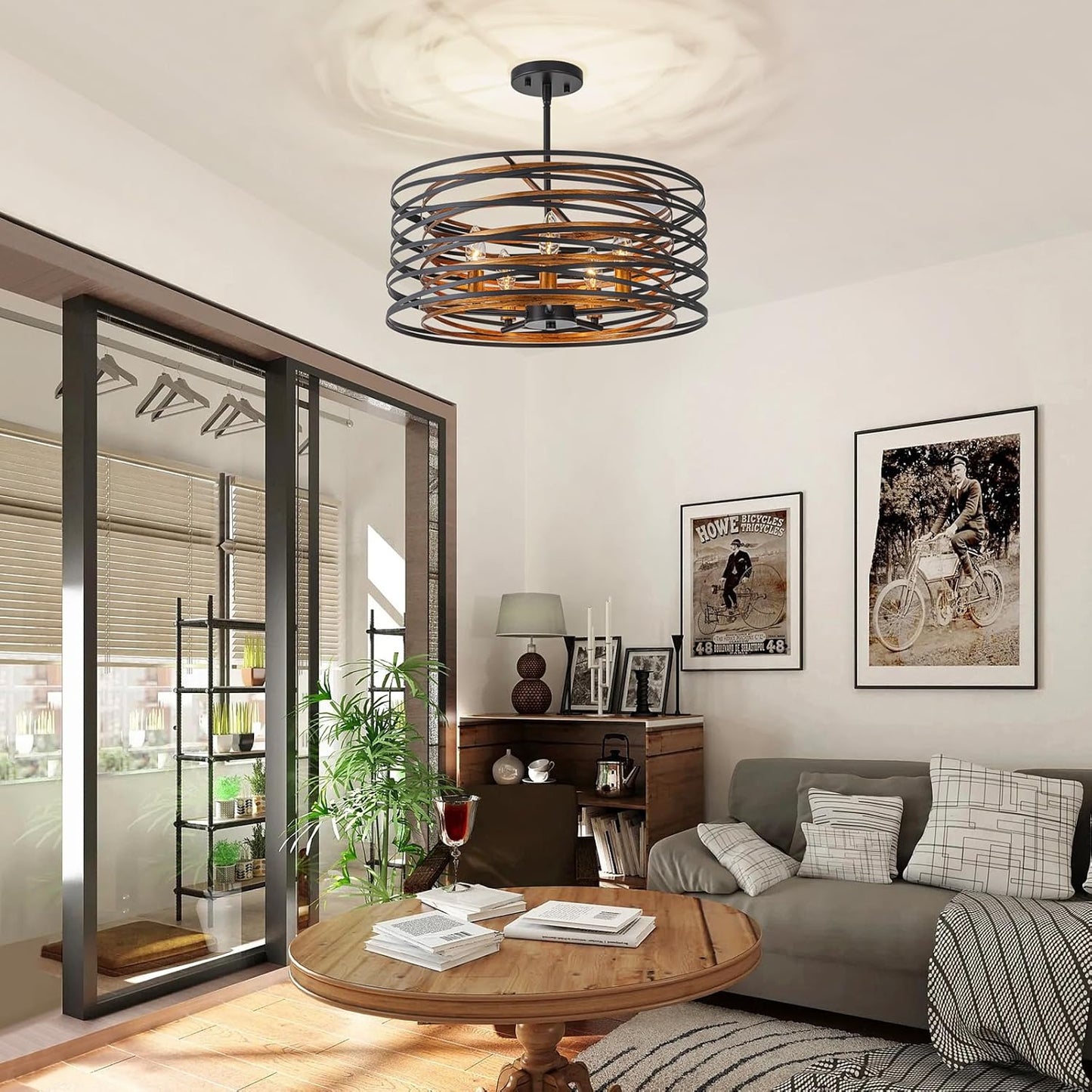 5-Light Farmhouse Drum Chandeliers, 2-Tiers Pendant Light Fixture for Dining Room, Living Room, Bedroom, Adjustable Height 17~47", Wood Texture & Matte Black Finish