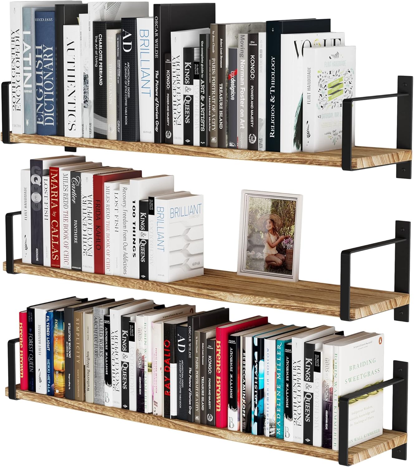 Wallniture Toledo Wood Floating Shelves for Wall Storage, Floating Bookshelf Set of 3, 24"x6" Rustic Wall Shelves for Living Room, Bedroom, Kitchen, Bathroom Storage, Burned Finish
