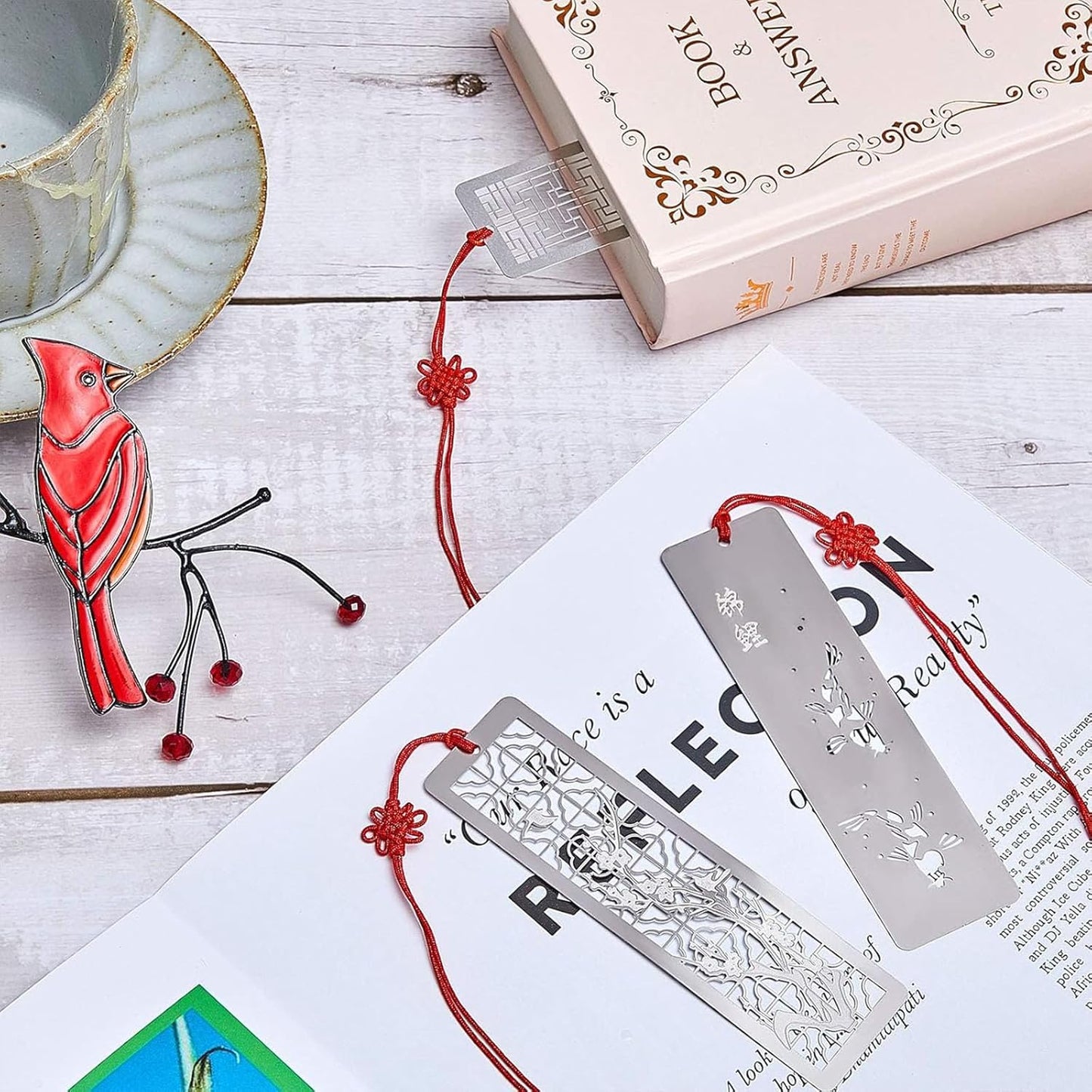 Outus 8 Pcs Hollow Metal Bookmarks Elegant Silver Gifts Classic Metal Hollow Chinese Page Marker for Women Men Stainless Steel Bookmark with Red Flower Knot