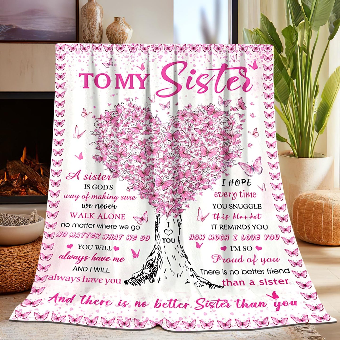 Sisters Gifts from Sister, Super Soft Funny Pink Butterfly Sisters Blanket for Little Girl, Christmas Birthday Gifts for Sister, Warm Cozy Fuzzy Plush Flannel Throw Blanket 60"x50" for Couch Bedding