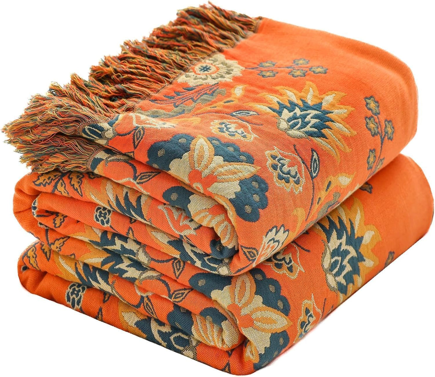 King Throw Blanket for Bed Couch,100% Organic Cotton Reversible Soft Quilt, Orange Floral Breathable Lightweight Blankets,90"×108" Extra Large Sofa Throws for 3 4 Seater with Tassels,Teal
