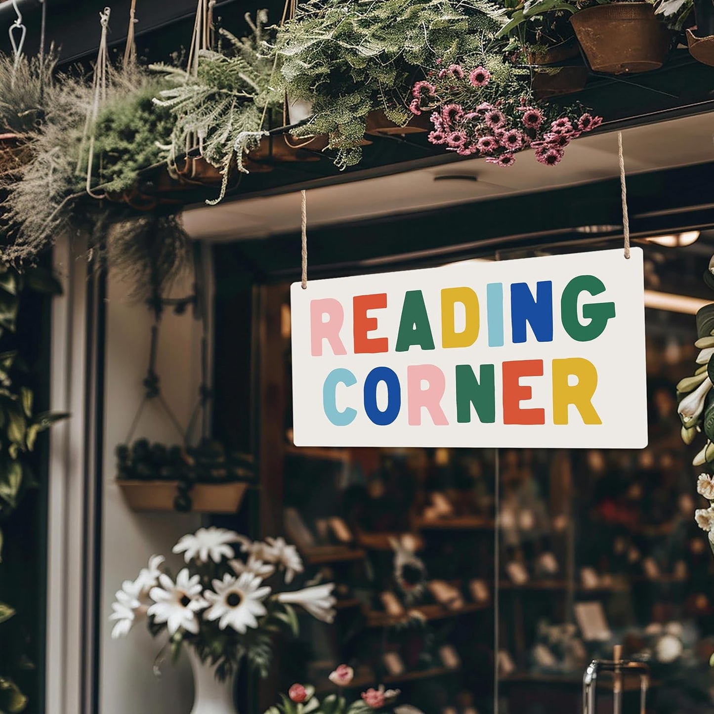Reading Corner Wooden Sign - Boho Rainbow Reading Corner Wall Decor, Reading Room Hanging Plaque Sign for Library School Classroom Toddler Kids Room 12x6 Inches