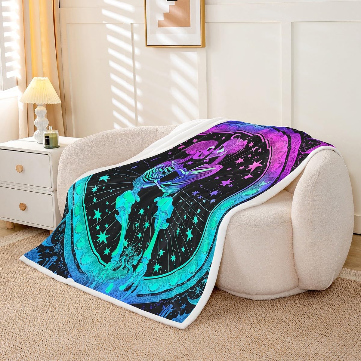 Castle Fairy Kissing Skull Blanket Romantic Gothic Skeleton Throw Blanket for Kids Boho Exotic Star Moon Sherpa Blanket Warm Lightweight Valentine's Day Queen 90x90 Inch Living Room Decor