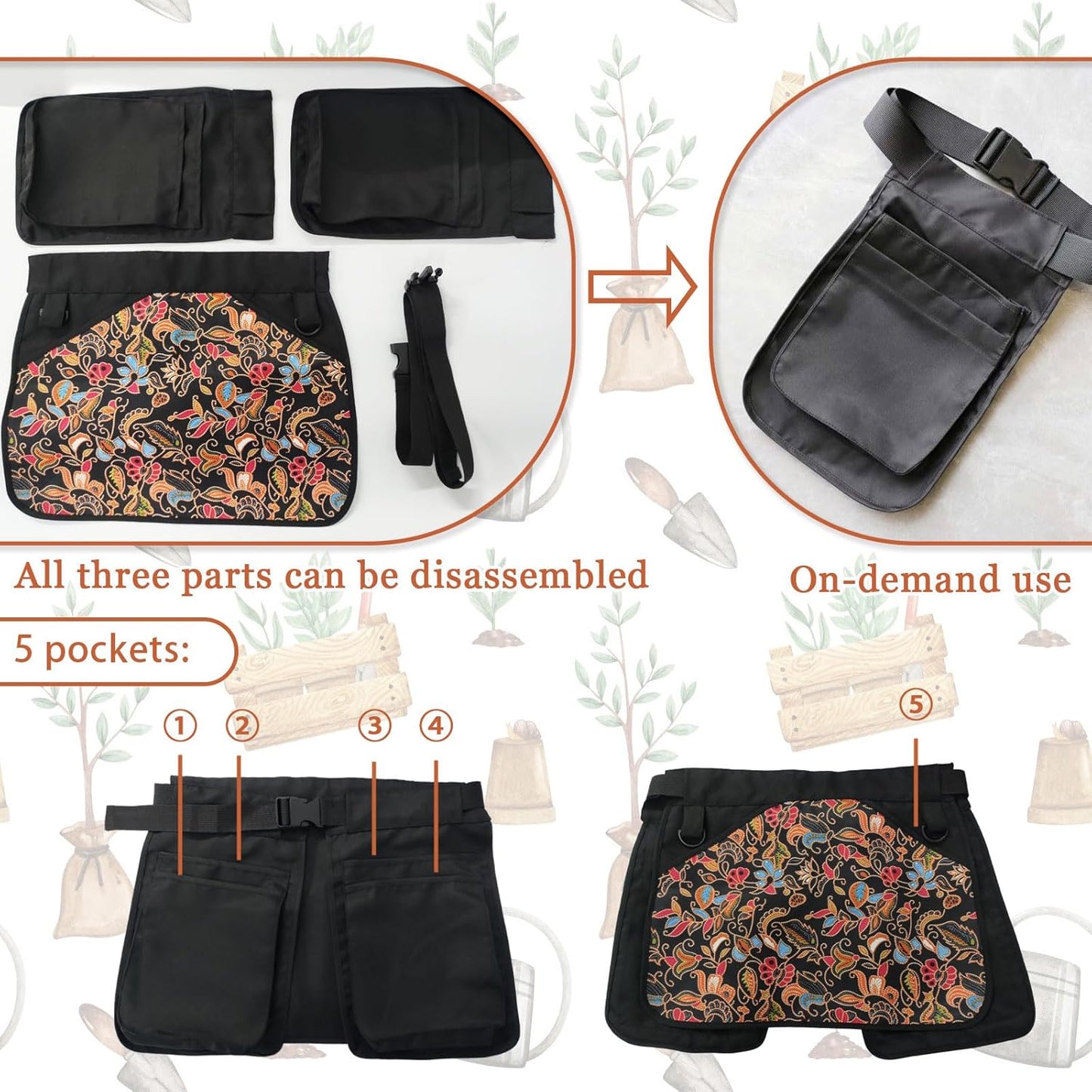Garden Apron for Women with 5 Pocket, Adjustable Gardening Belt, Waitress Server Apron with Multiple Pockets, 1 Piece
