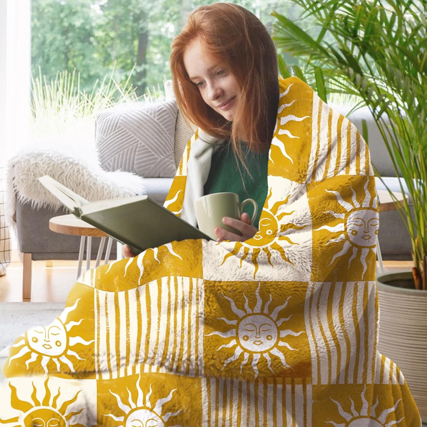 Boho Sun Face Flannel Throw Blanket, Bohemia Sunshine Yellow Birthday Gifts for Kids Men Women, Sunny Plaid Check Stripes Soft Blankets for Bedding Sofa 50" x 60"