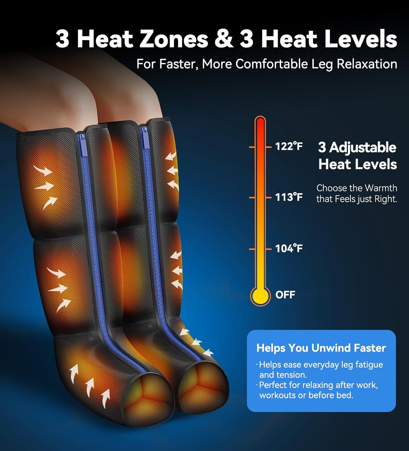 Leg Massager with Heat, Foot and Calf Air Compression Massager with 6 Modes & 9 Intensities, 3-Level Heating, LED Display, Timer, Zipper Design, Home Relaxation for Tired Feet & Calves, Charcoal Black