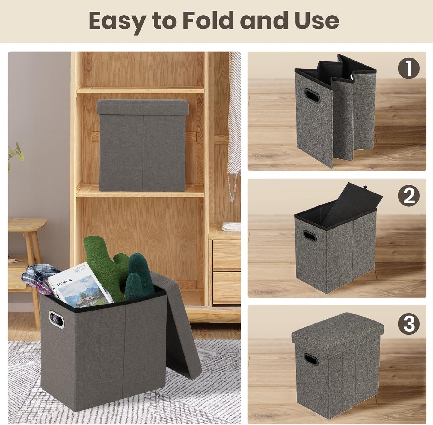 COSYLAND Ottoman with Storage Collapsible Fabric - Footrest Foot Stool for Room, Slim Tall Folding Ottoman Furniture with Handles Lid Toy Chest Linen - Gray - 16.5x16.5x10.6in