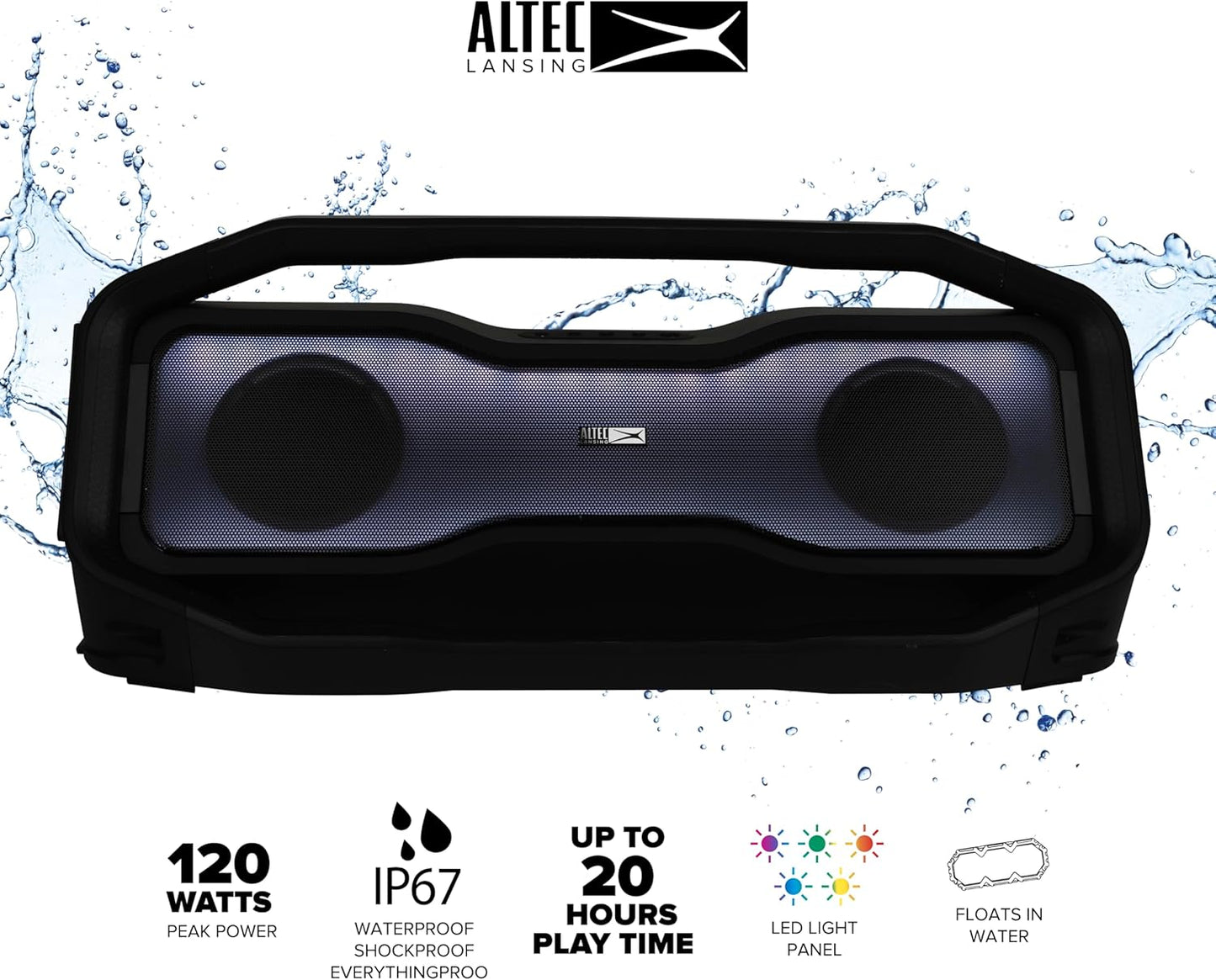 Altec Lansing Rockbox 2.0 Portable Bluetooth Wireless Speakers with Led Lights, IP67 Waterproof and Durable for Outdoor, 20 Hours Battery with App Control