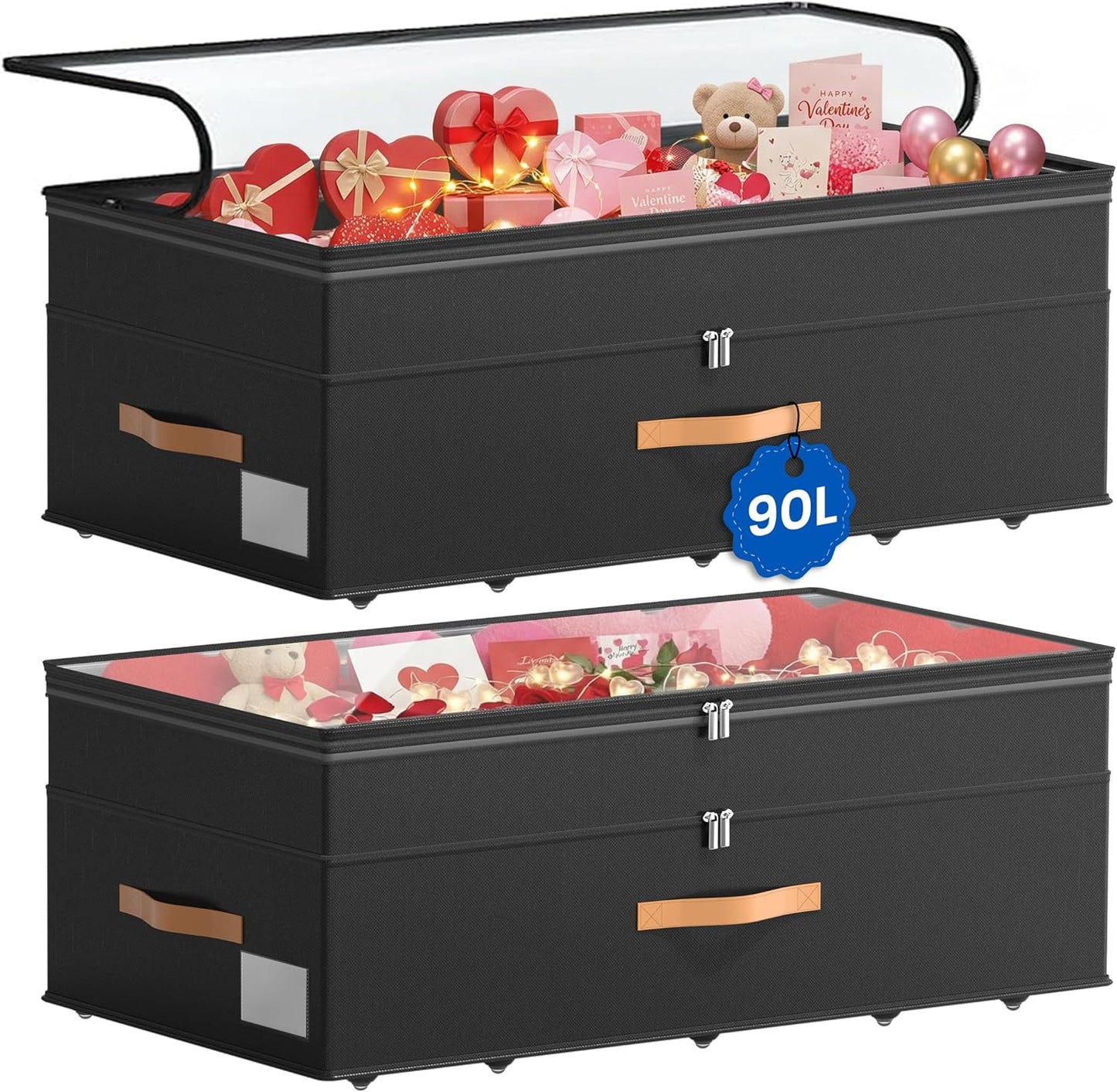 Under Bed Storage with Wheels, 2-Pack Underbed Storage Containers, No Assemble 11 inches 90L XXL Large Adjustable Storage Bins with Clear Lids, Rolling Storage for Clothes, Shoes, Blankets, Black