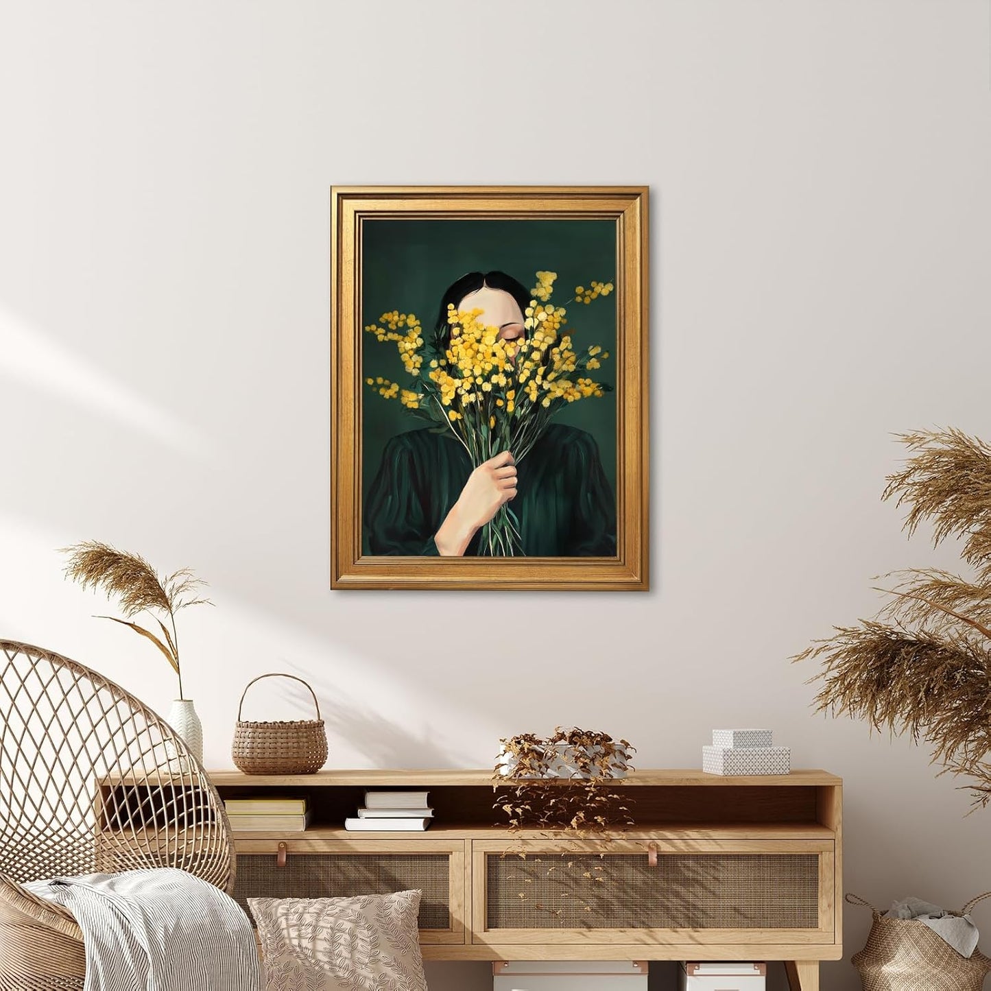 Large Framed Woman Portrait Canvas Wall Art Vintage Dark Moody Goldenrod Floral Feminist Painting Poster Victoria Female Yellow Flower Nature Emerald Green Artwok Prints Home Decor 24x36inch