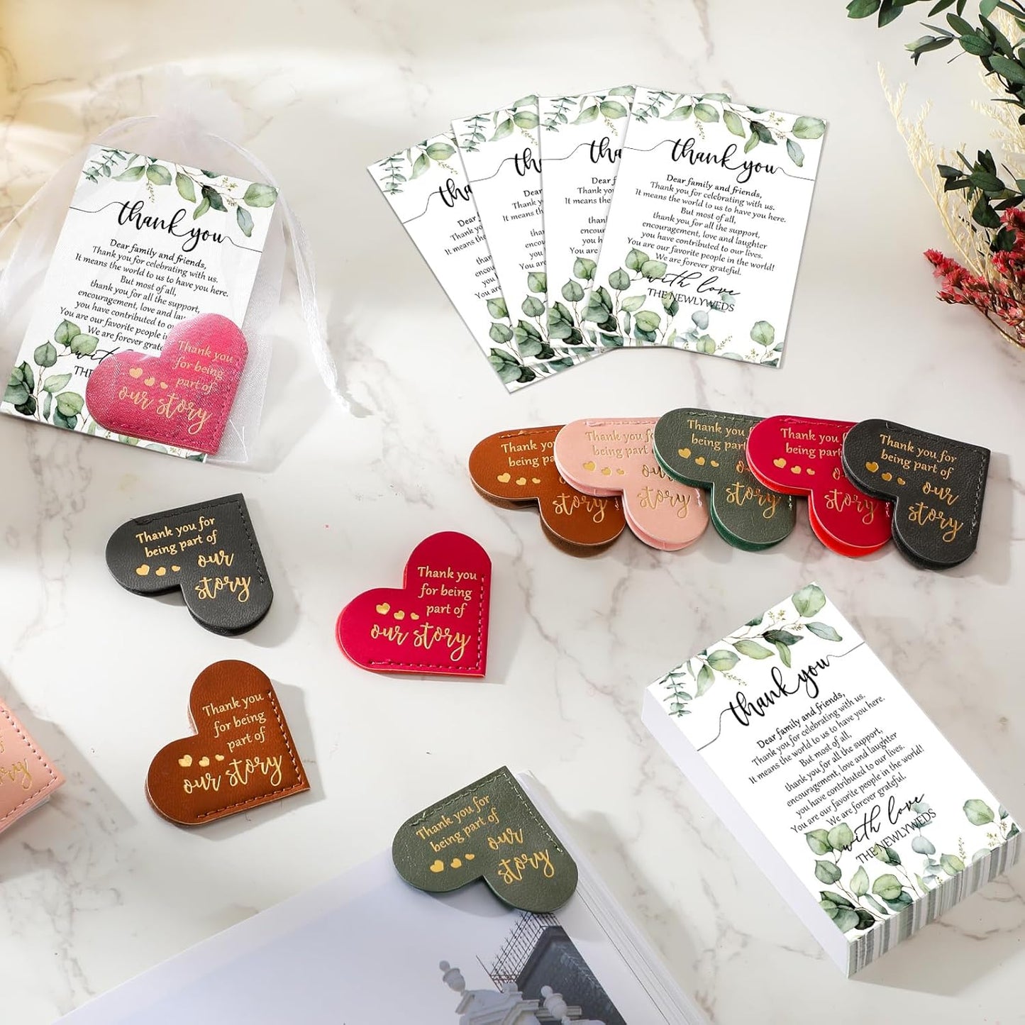 50 Sets Wedding Favors for Guests Bulk Include PU Leather Corner Bookmarks Heart Book Marks Thank You Cards Gift Bags Wedding Souvenirs for Guest Bridal Shower Favors Reading Lover Gifts