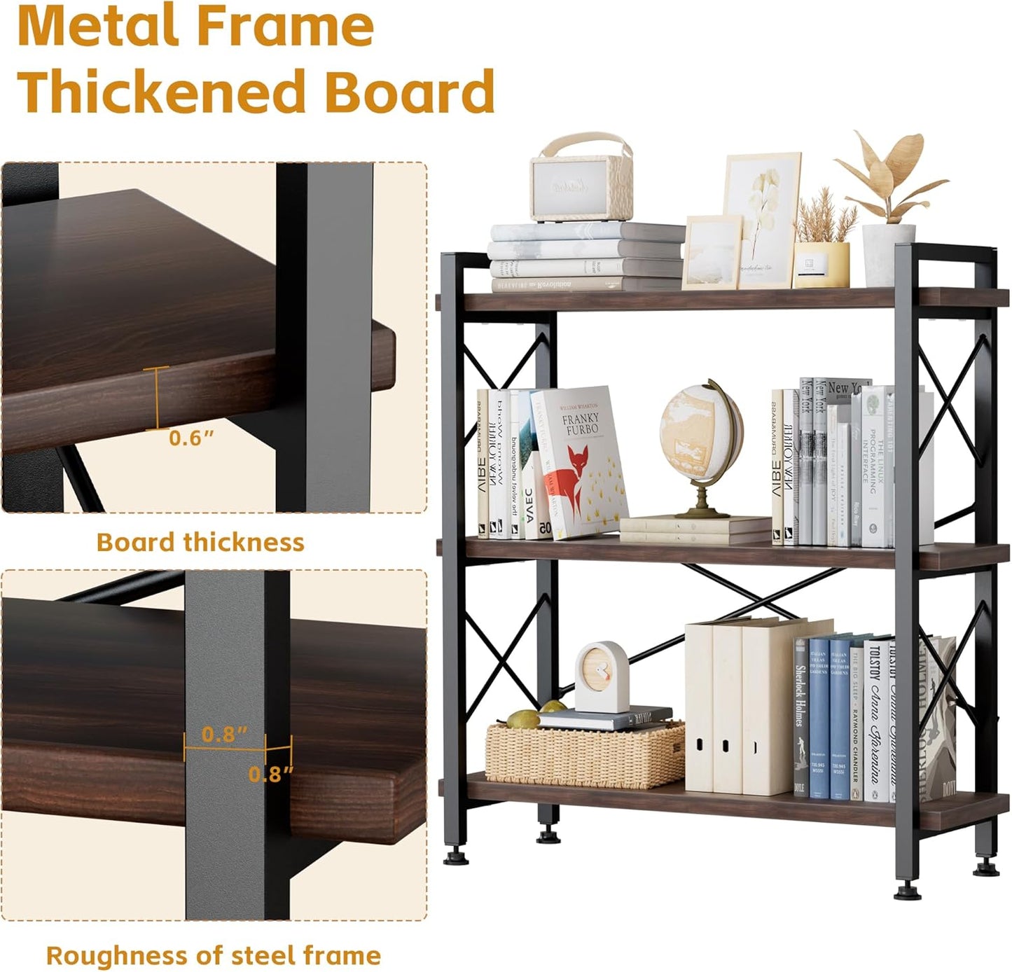 3 Tier Bookshelf Bookcase, 35.5'' Width Wood & Metal Open Book Shelf, Freestanding Industrial Display Shelf, Rustic Storage Shelves Organizer for Home Office, 300 lbs/Level