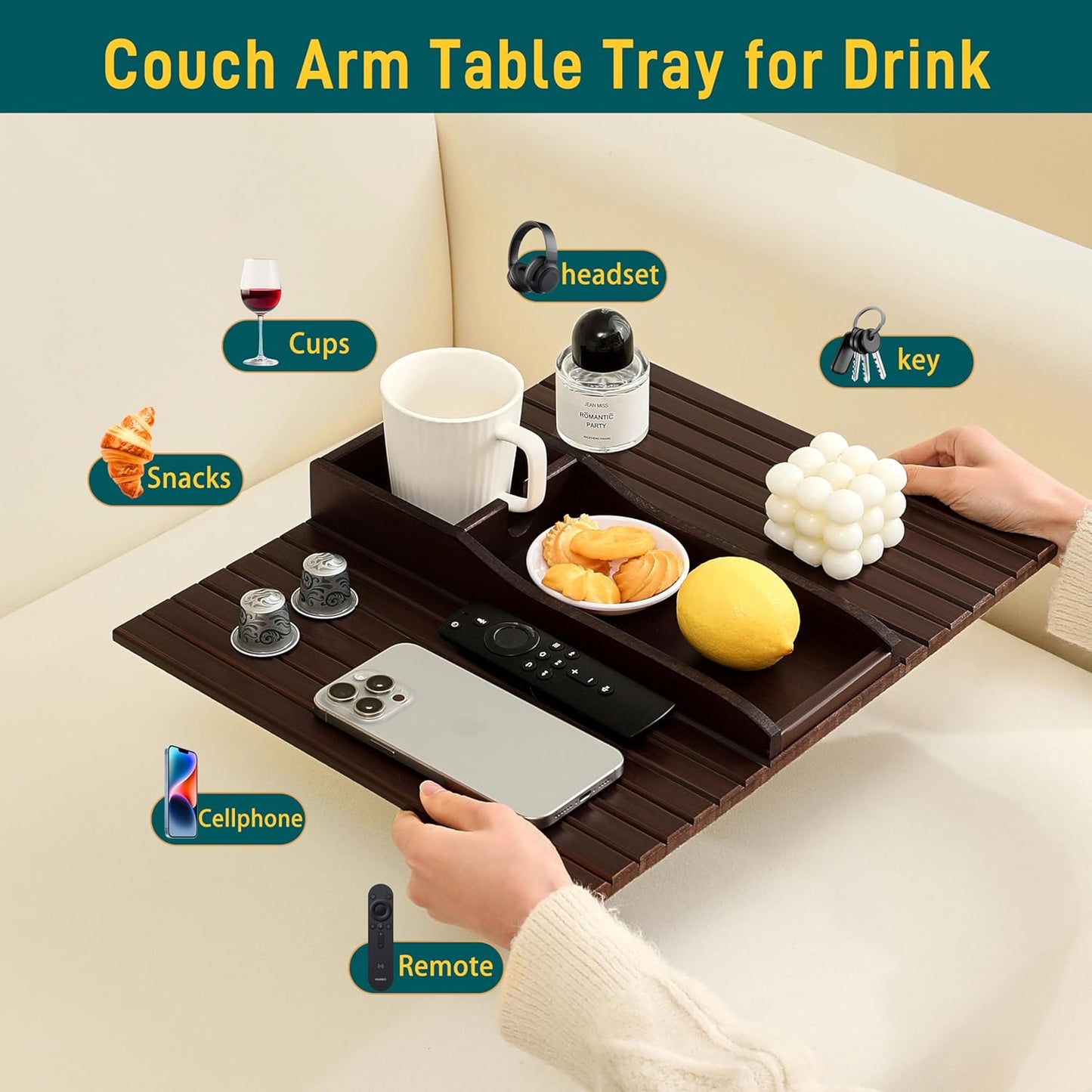 Bamboo Couch Cup Holder Arm Tray Table，Couch Drink Holder，Sofa Cup Holder Armrest Tray，Anti-Slip Foldable Arm Chair Table Tray Recliners for Drink,Cups, Snacks, Phone, Remote