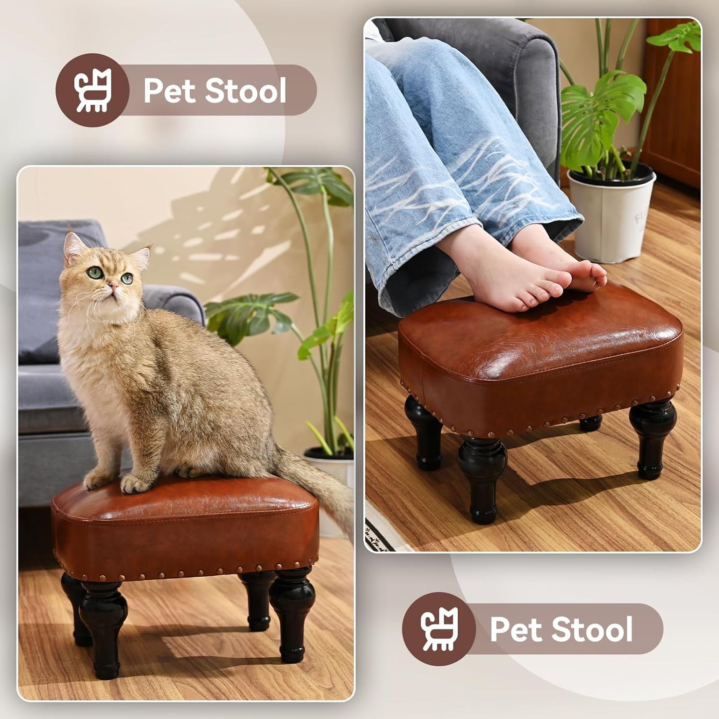 Leather Ottoman Footrest,Rustic Foot Stools Seat,Wood Footstool Rectangle Footrest Small Ottoman for Bedroom,Living Room,Office,Entrance Hall (DEEP Brown)