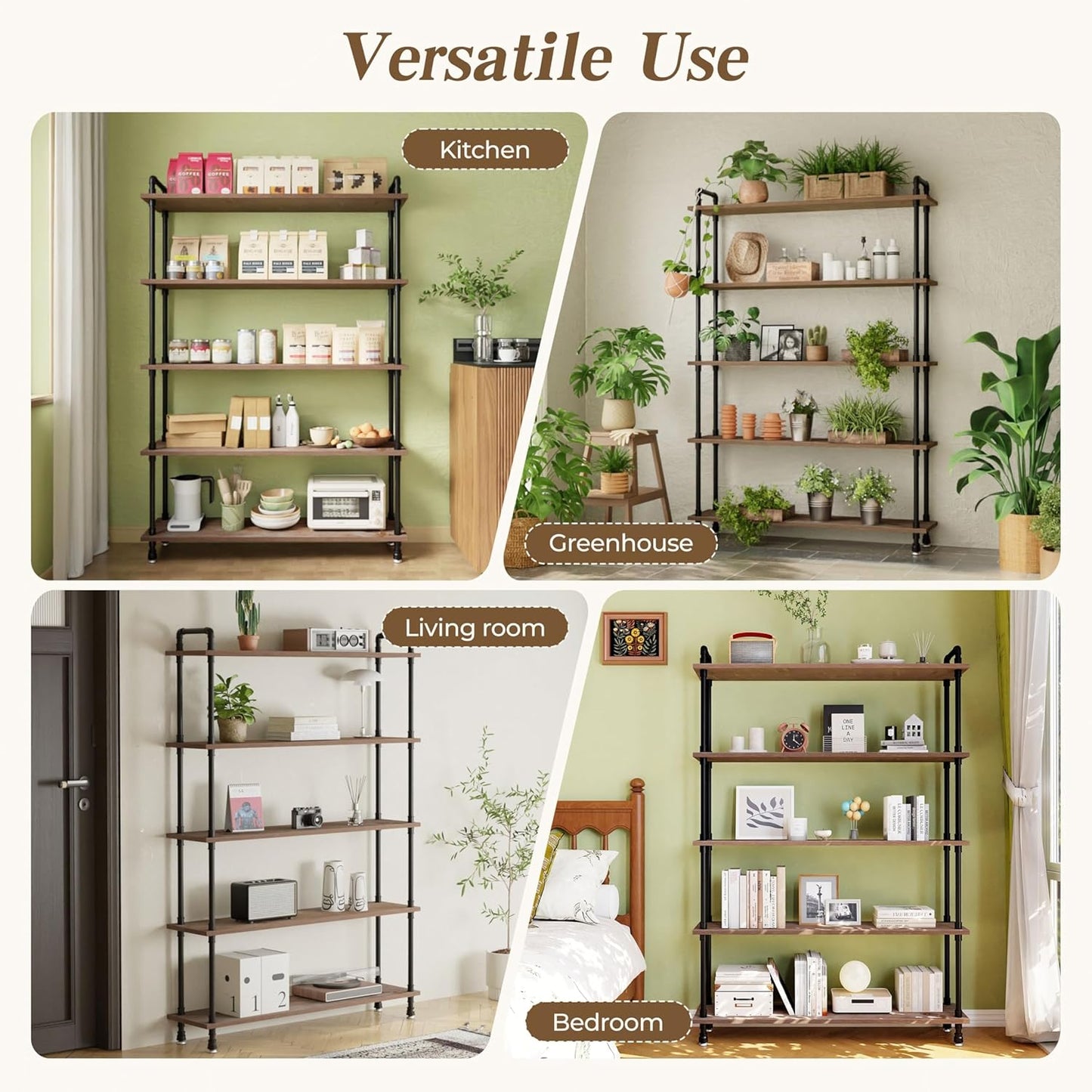 Industrial Bookshelf, 5-Tier Pipe Shelf, Wall Mounted Bookcase for Home and Office (Weathered Brown, 48" L x 11.8" W x 70" H)