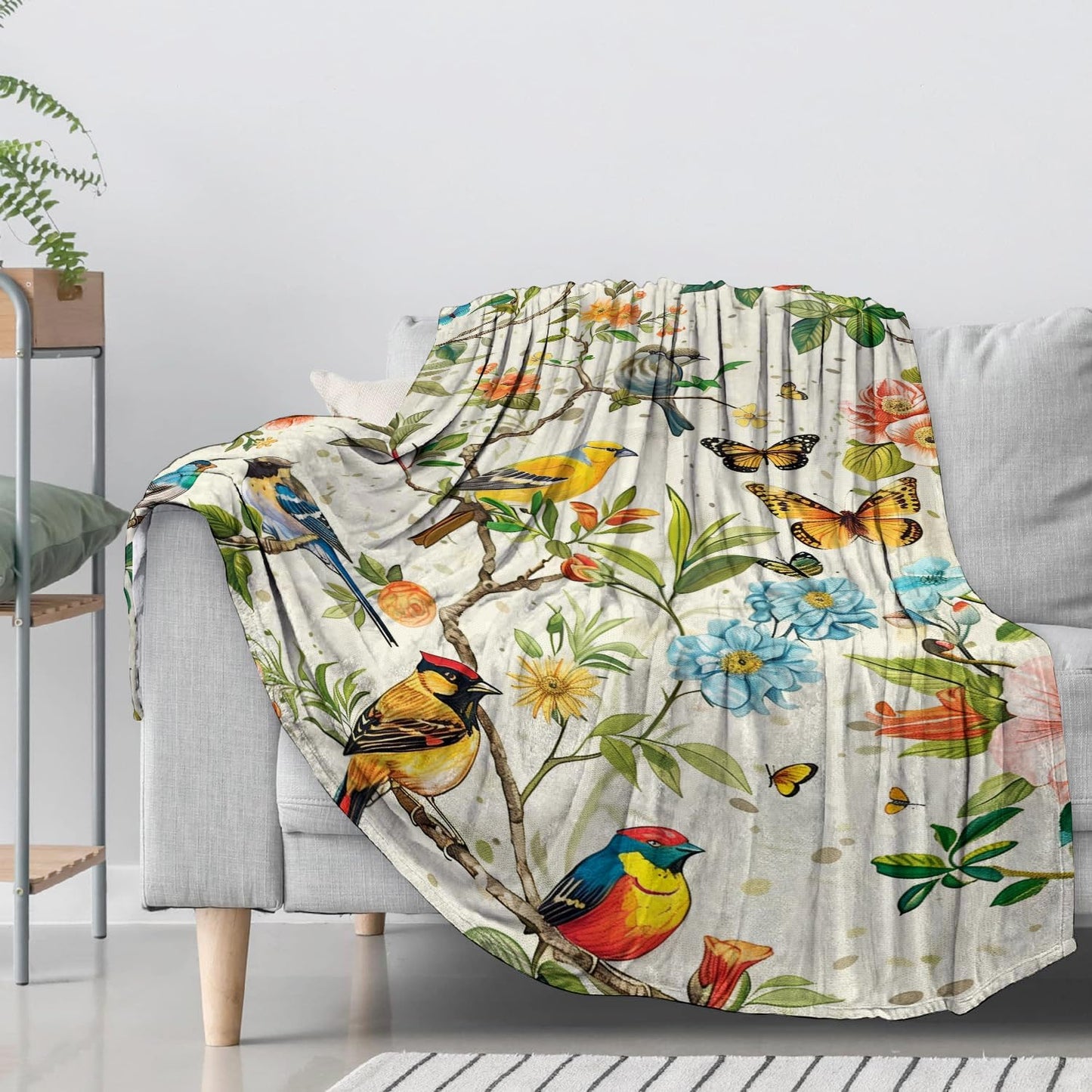 Colorful Bird Flannel Throw Blanket 50x60 Inch, Vibrant Songbird and Butterfly on Floral Branch Blankets Soft Cozy Fleece Throws for Nature Lover Bed Sofa Dorm Living Room Vintage Decor Gifts