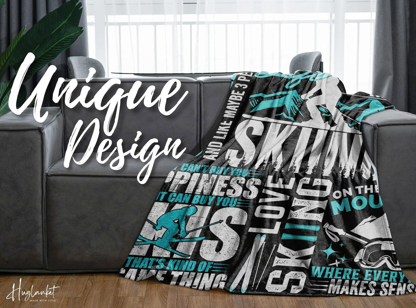 Flannel Plush Blanket, Unique Ski Design - Throw Blanket Gifts for Skier - Quotes About Ski - 50"x 65"