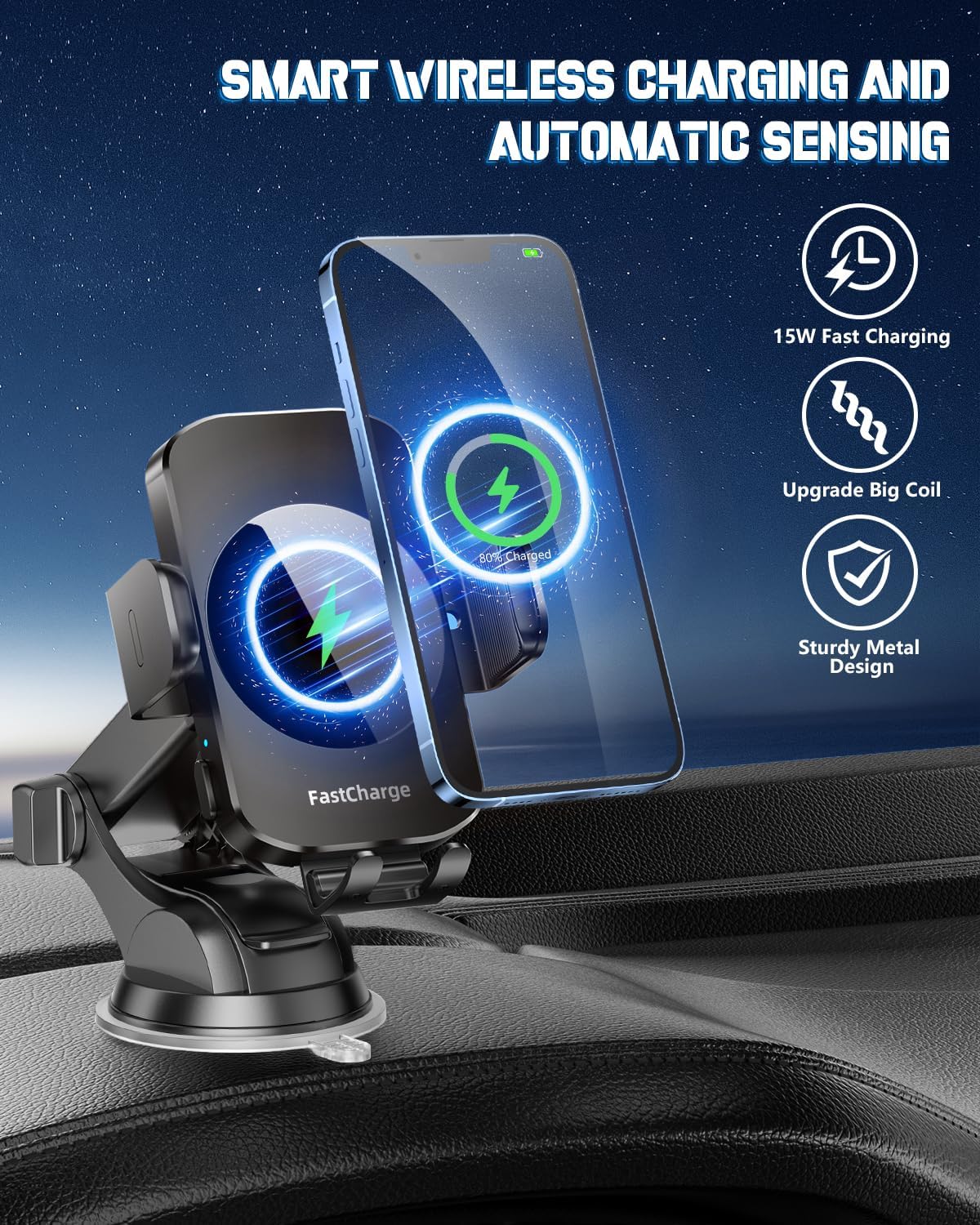 Wireless Car Charger, Fast Charging Phone Holder 3 in 1 Phone Mount Auto Clamping Car Accessories Compatible with iPhone 17 16 15 14 13 12 11 Xs XR, Samsung S23 Ultra S22 S21 S20/S10+ S9+ Note 9
