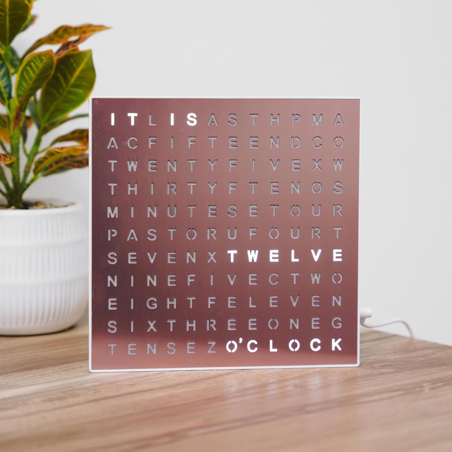 Sharper Image LED Word Digital Clock, 7.75", Rose Gold Finish, Light-Up Desk & Wall Clock, Modern Time Display, Shelf or Wall Decor for Home Office, Living Room, Kitchen & Bedroom, Housewarming Gift
