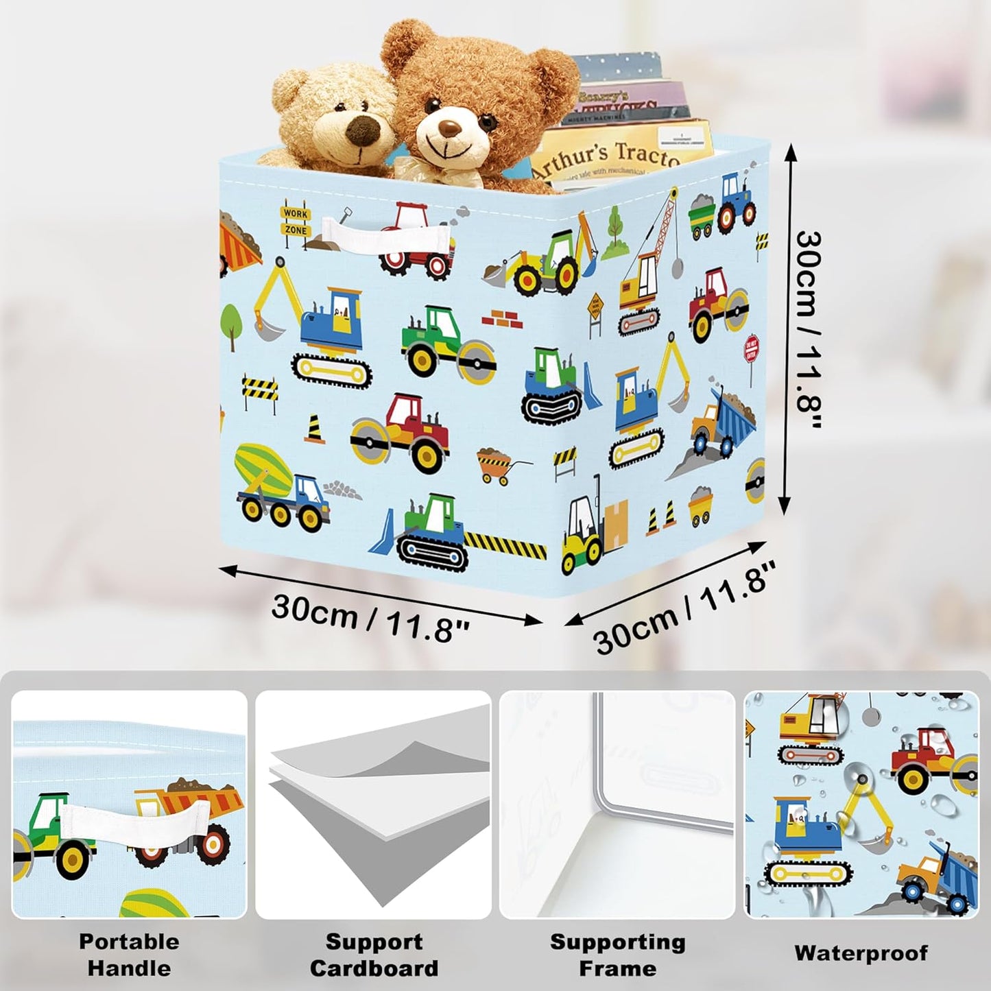 11.8" Engineering Vehicle Cube Storage Organizer Set 3Pcs Pickup Truck Cube Storage Bin for Bedroom Bulldozer Kid Book Toy Chest, Cartoon Car