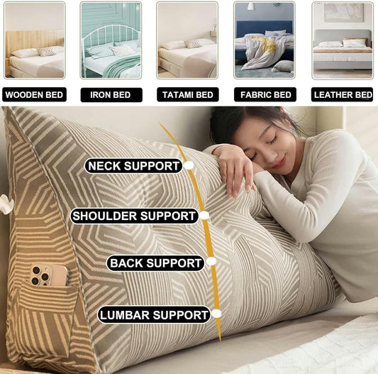 Wedge Headboard Pillow, Bed/Sofa Wedge Reading Pillow, Queen Throw Pillow/Bedside Cushion, Queen Back Wedge Pillow with Side Pockets and Removable Coverfor Sitting in Bed Backrest Positioning Support