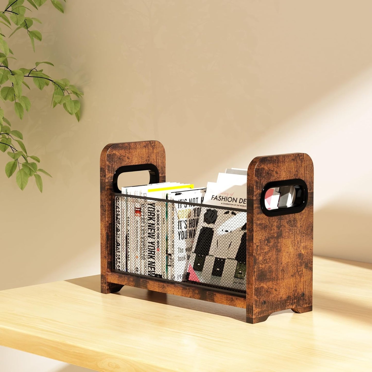 Wood Magazine Holder & Rack - Retro Brown Mesh Storage Basket for Books, Newspapers, Files - Desk/Floor Organizer