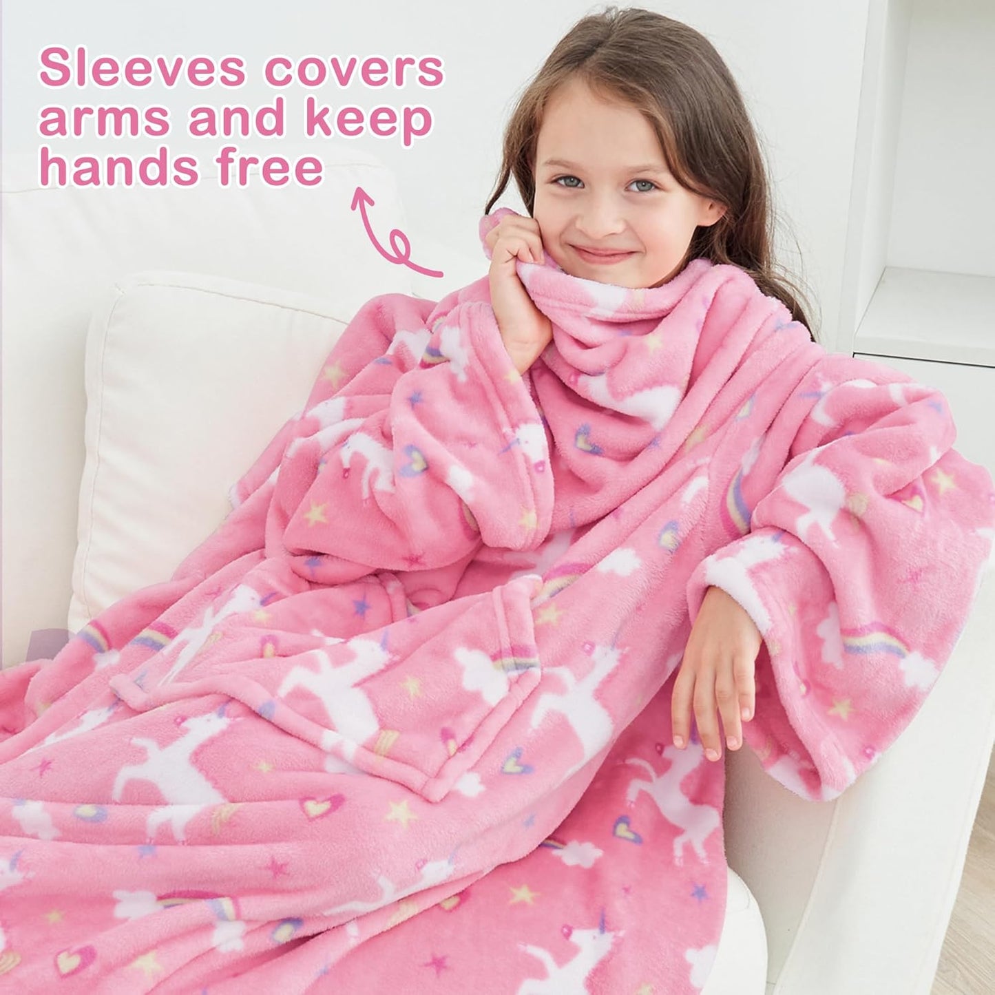 Softan Wearable Fleece Blanket with Sleeves & Foot Pocket for Kids Boys Girls Children,Lightweight Soft Blanket with Sleeves and Hook & Loop 48" x 48" Pink Unicorn