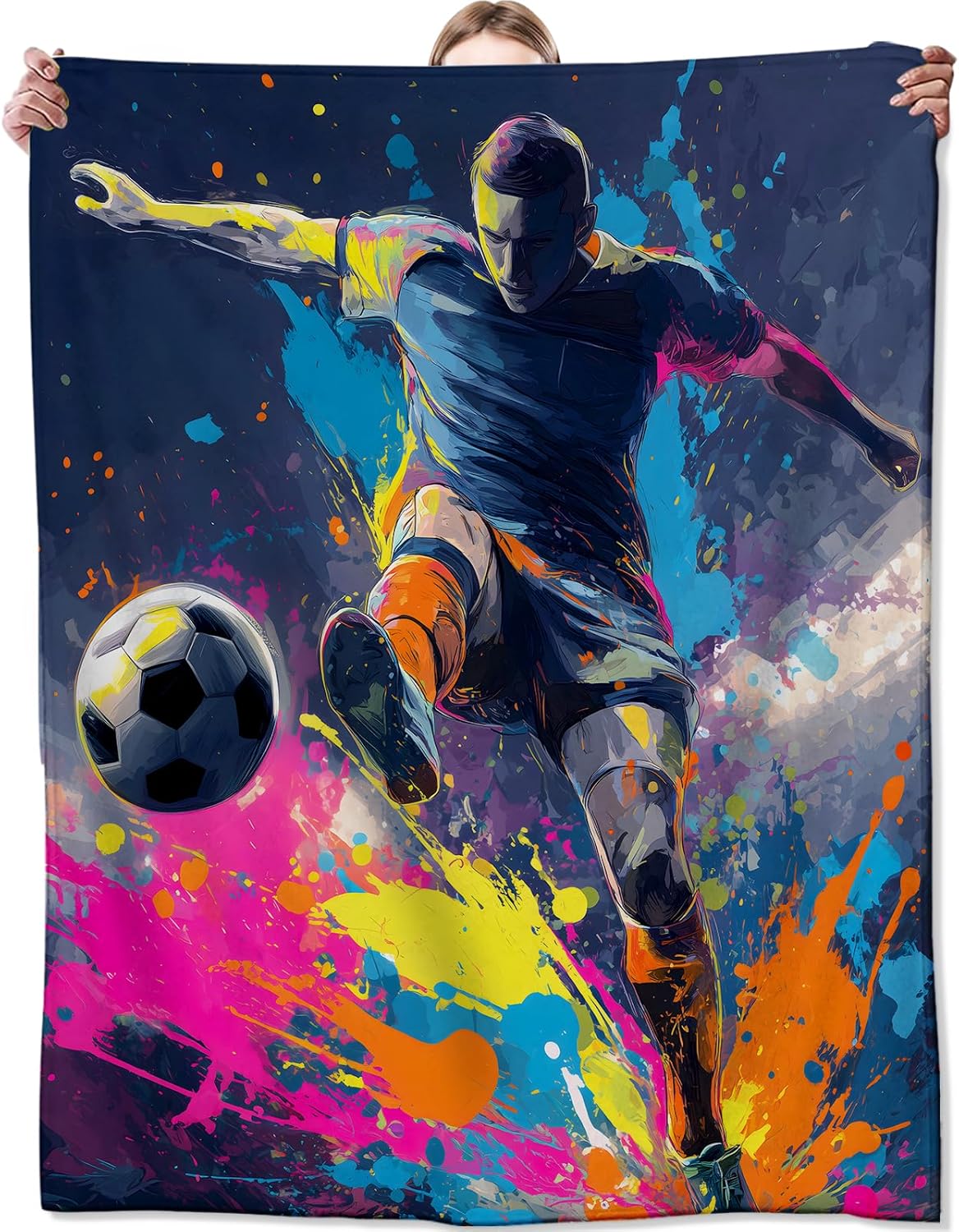 Colorful Soccer Flannel Blanket, Soft Cozy Throw with Sport Ball Football, Lightweight Blankets for All Seasons, Vibrant Home Sofa Bed Decor and Gifts for Men Boys Athlete, 50x60 Inch
