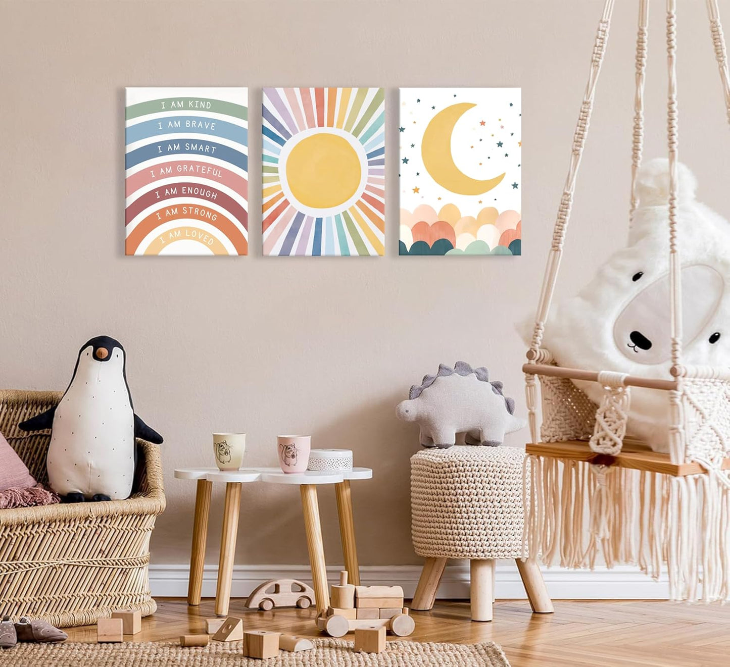 KBIERQN 3Pcs Boho Sun moon Canvas Wall Art Nursery Positive Affirmations Rainbow Poster Prints Bohemian Star Heart Picture for Toddler Baby Girls Room Playroom Bedroom Wall Decor 16x24in Framed