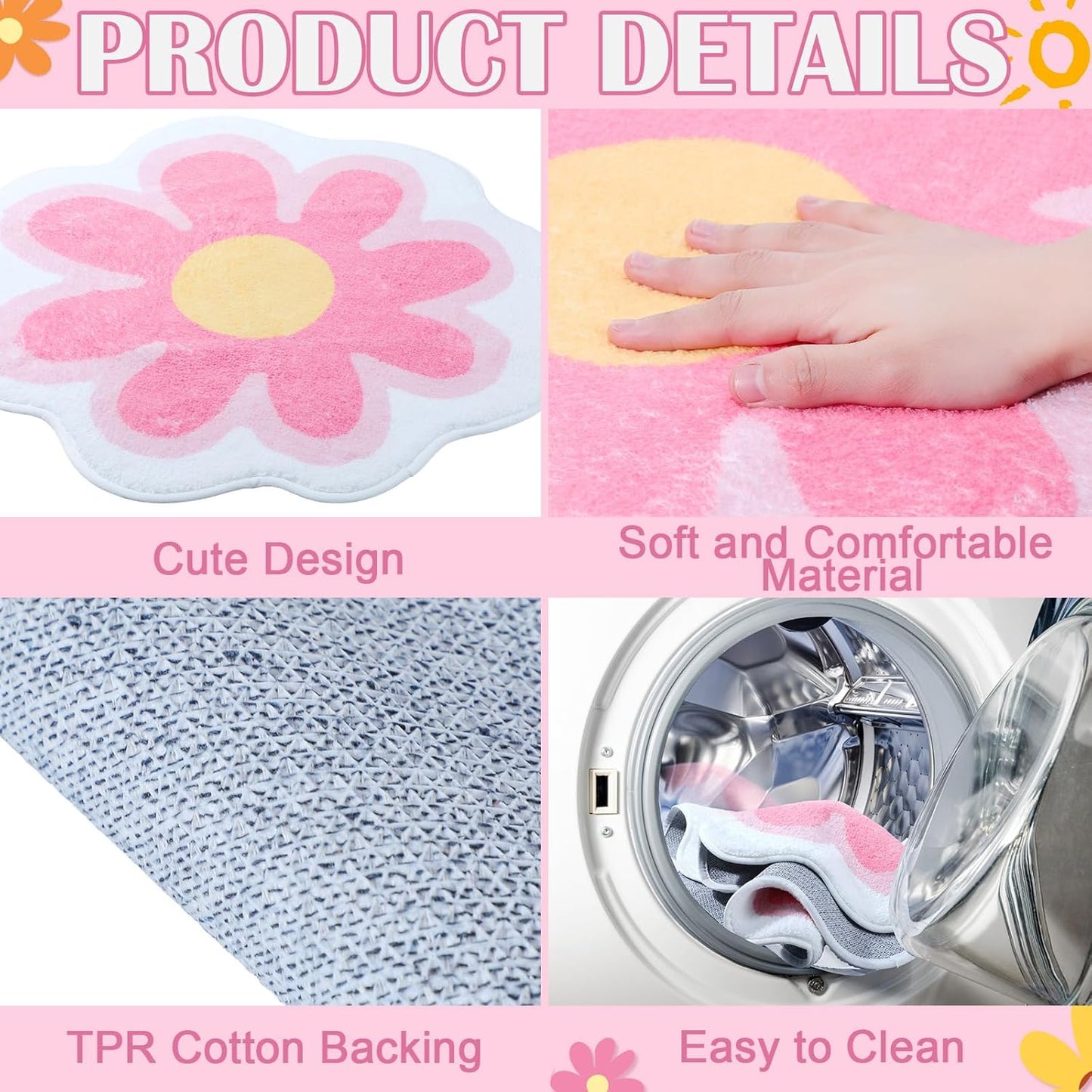 Tinideya Aesthetic Cute Flower Round Area Rug Non Slip Circle Soft Fluffy Flower Rug Indoor Floor Mat Carpet for Girls Bedroom Bathroom Living Room Sofa Nursery Decor(Pink, 2 ft)