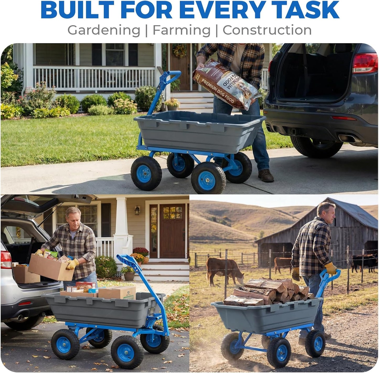 Sekey 1000lbs Garden Dump Cart for Seniors, Capacity Yard Wagon with Rubber Tires, Quick-Release Dumping & Easy-Maneuver Handle for Soil, Rocks, and Firewood, Gray