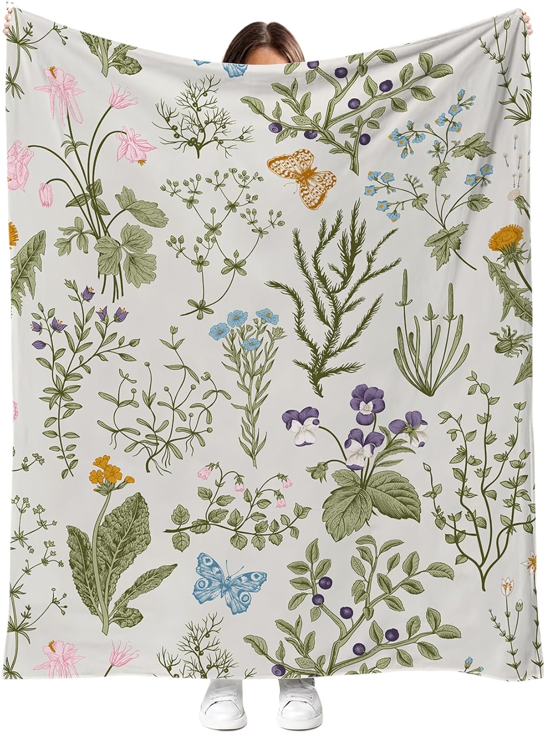 Vintage Floral Throw Blanket Botanical Butterfly Flower Print Ultra Soft Cozy Flannel Blanket Elegant Home Decor Gift for Women Girls, 50x60 Inch