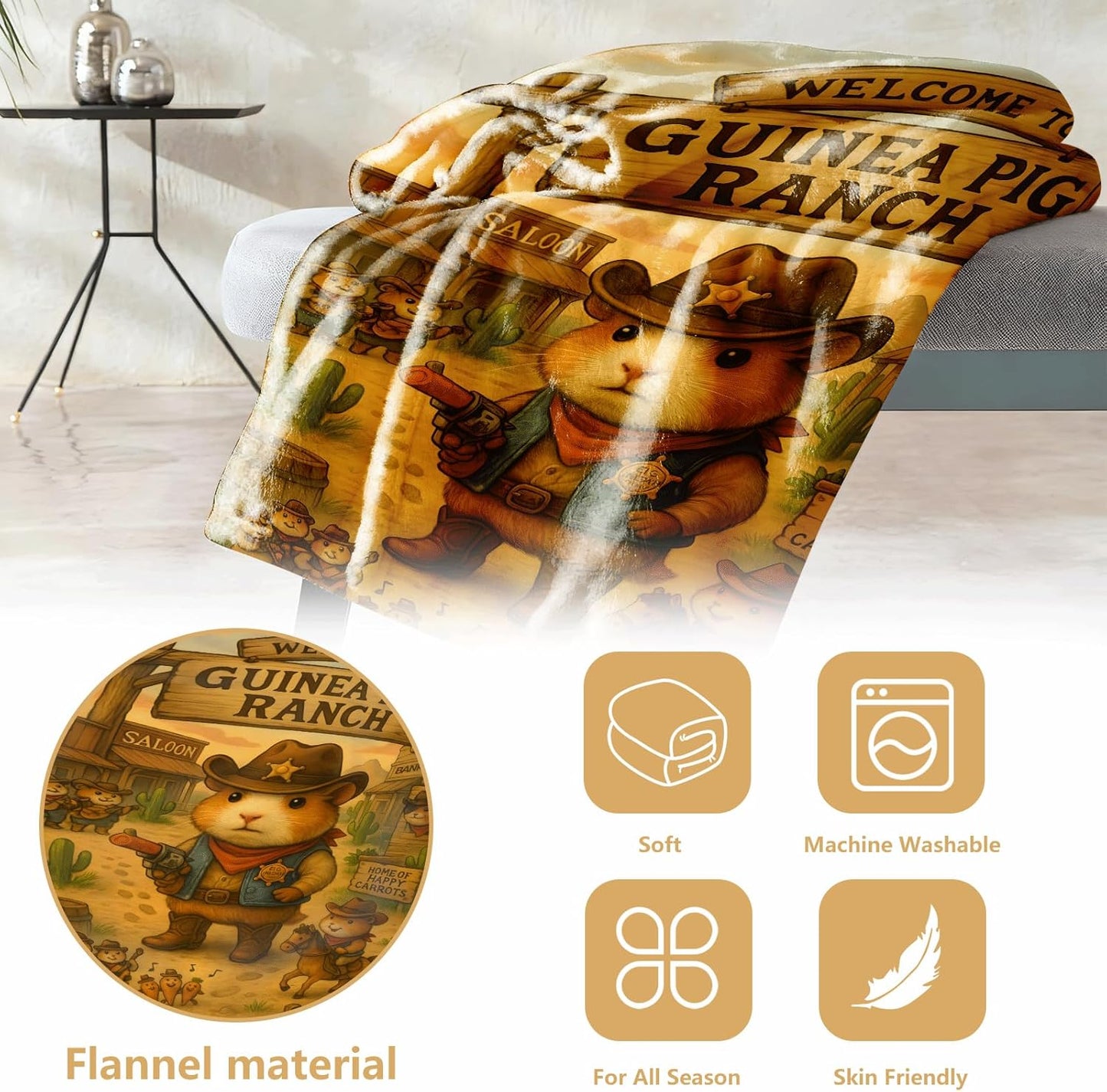 Guinea Pig Blanket 50x60 – Flannel Fleece Throw, Cute Western Sheriff Cavy Print, Cozy Sofa Bed Decor, Animal Lover Gift, Machine Washable
