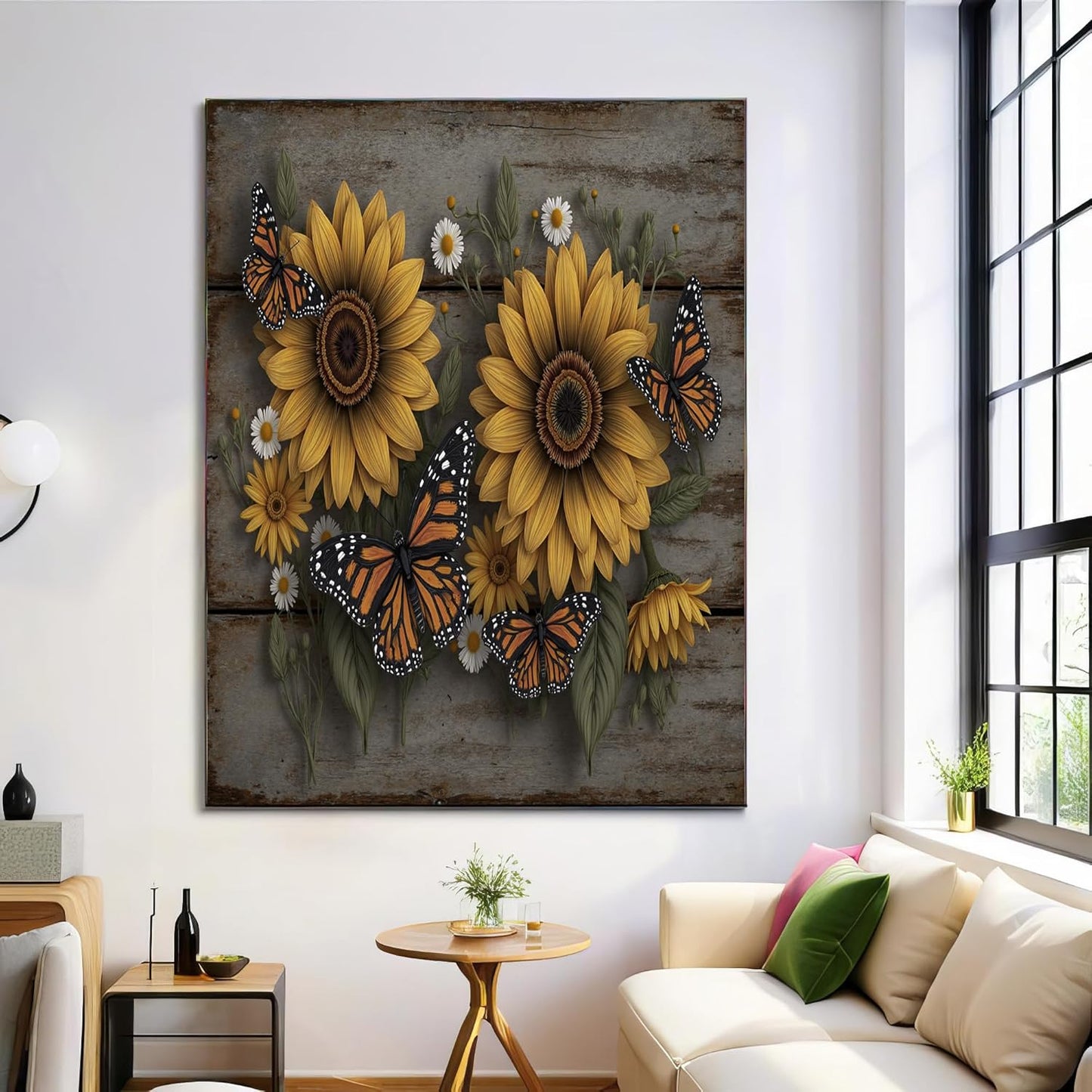 GDJSMIN Rustic Wooden Wall Wall Art, Sunflower Butterfly Illustration Poster for Reading Room Living Room Decor 12x 16 inch Unframed