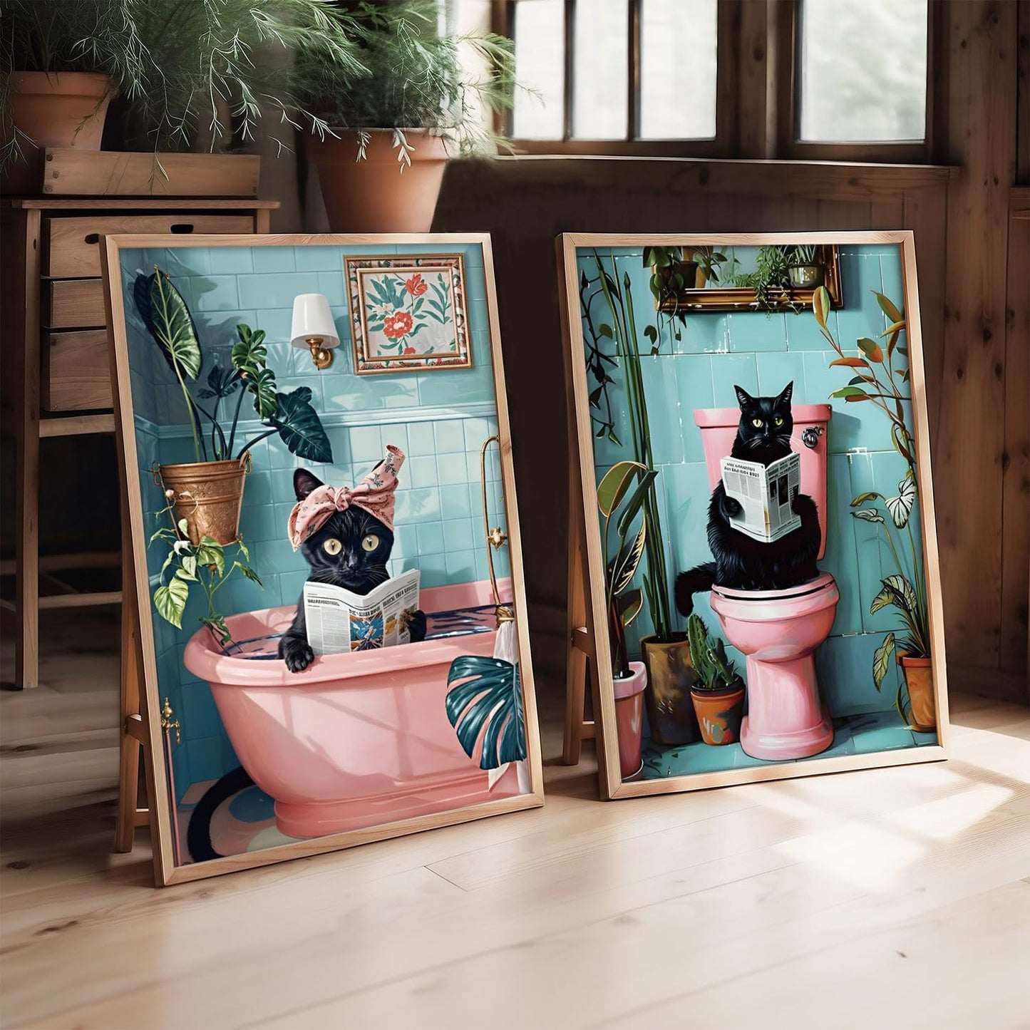 2 Pcs Cute Black Cat Bathroom Wall Art Funny Cat Reading Newspaper Paintings Pictures Wall Decor Pink Animal Plant Posters Prints for Bathroom Toilet Decorations Unframed 16x24 Inch