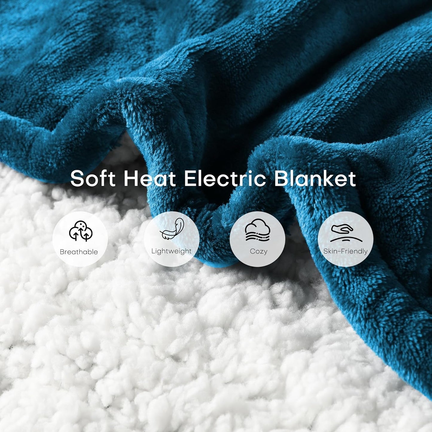 Electric Blanket Twin Size 62" x 84", Thickened Flannel and Sherpa Heated Blanket,10 Hours Timer Auto-Off,5 Heating Levels, Machine Washable, Lake Blue&White