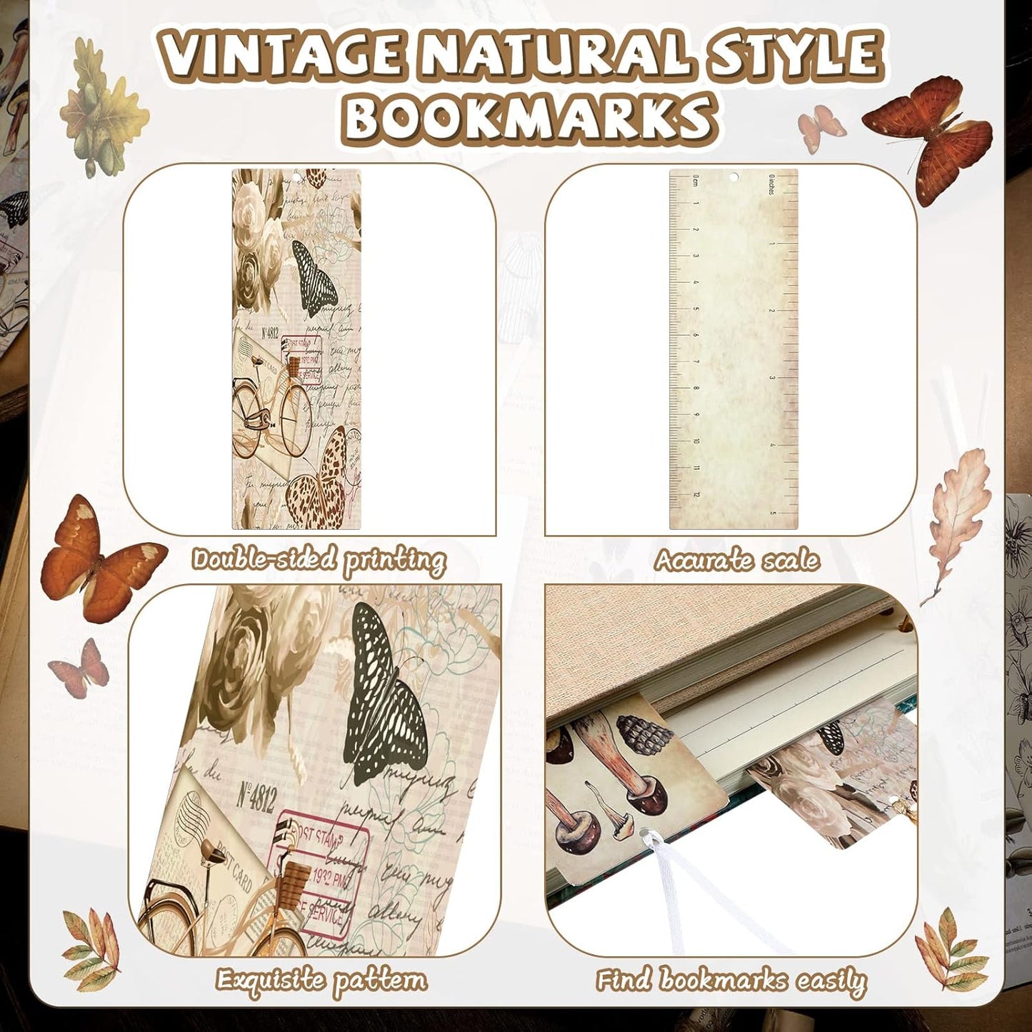 120 Pack Vintage Natural Style Butterfly Flower Plant Bookmarks Vintage Bookmarks Page Clips Assorted Book Markers Set with Exquisite Pattern for Women, Students, and Book Lovers