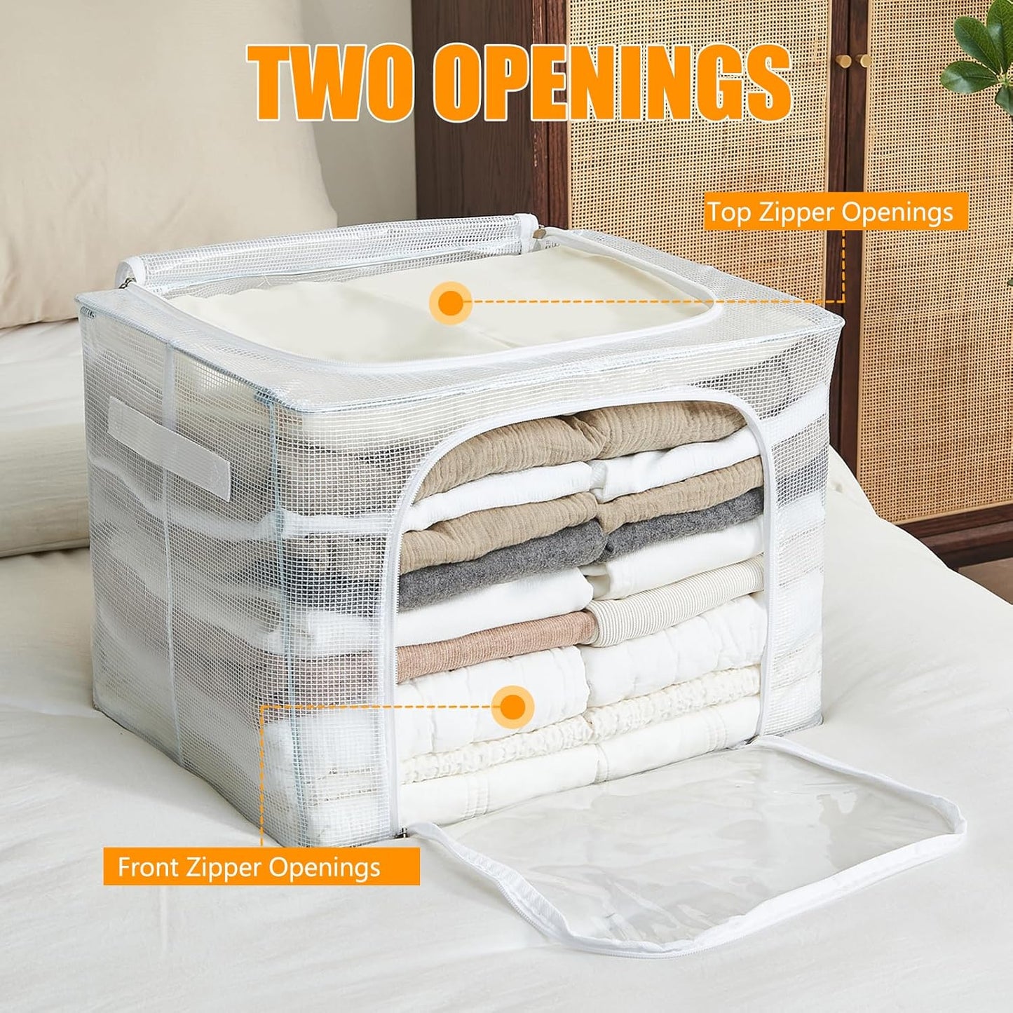 Clear Stackable Clothes Storage Bins with Metal Frame, Foldable Storage Box with Lid, Bedroom, Closet Organizers and Storage Container with Zippers & Durable Handles (Clear, 3 Pack)