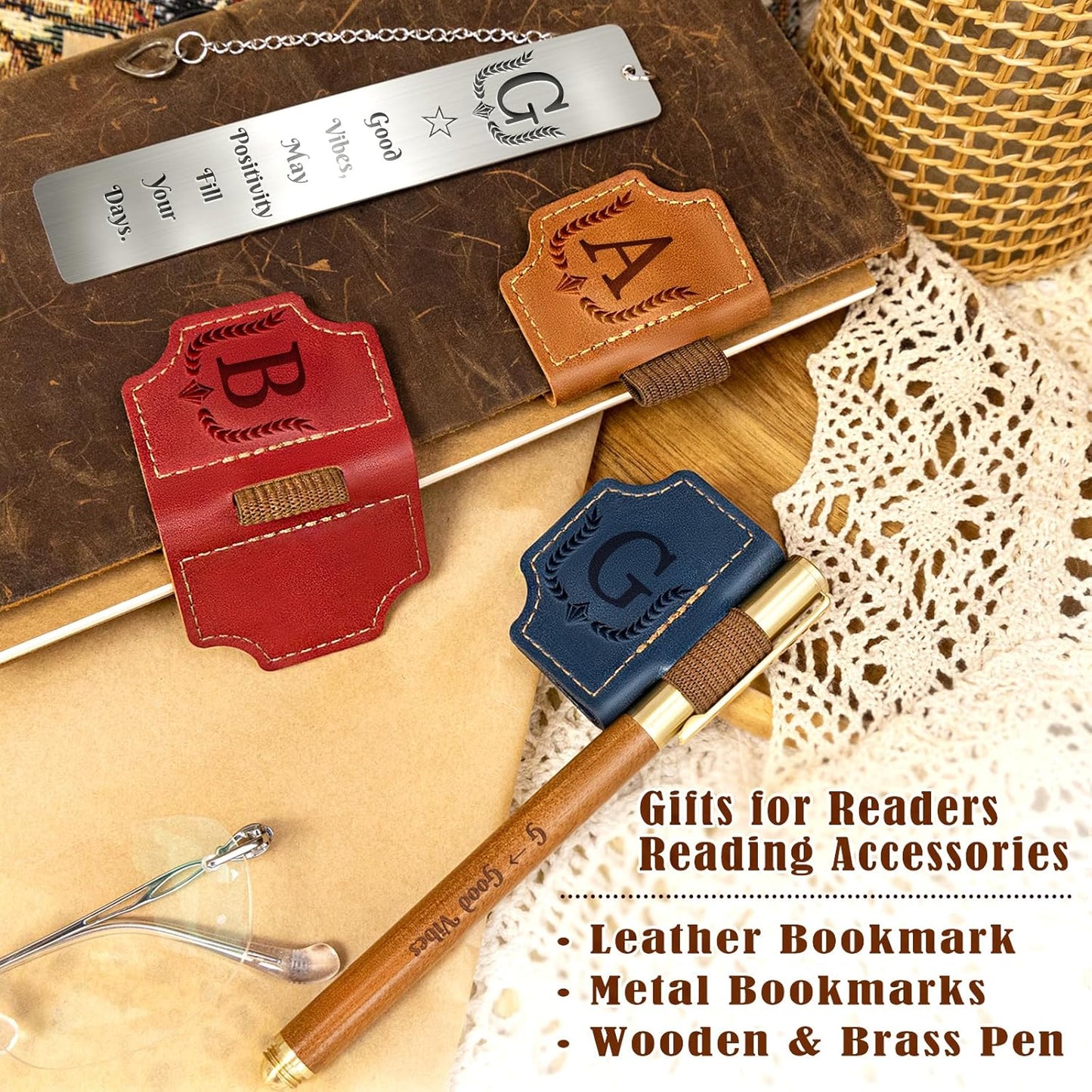 3Pcs Personalized Magnetic Leather Bookmark with Pen Holder Custom Bookmarks Gift Set Include Metal Book Marks & Wooden Pen, Customized Book Markers Gift for Book Lover Readers Women & Men (Brown,J)