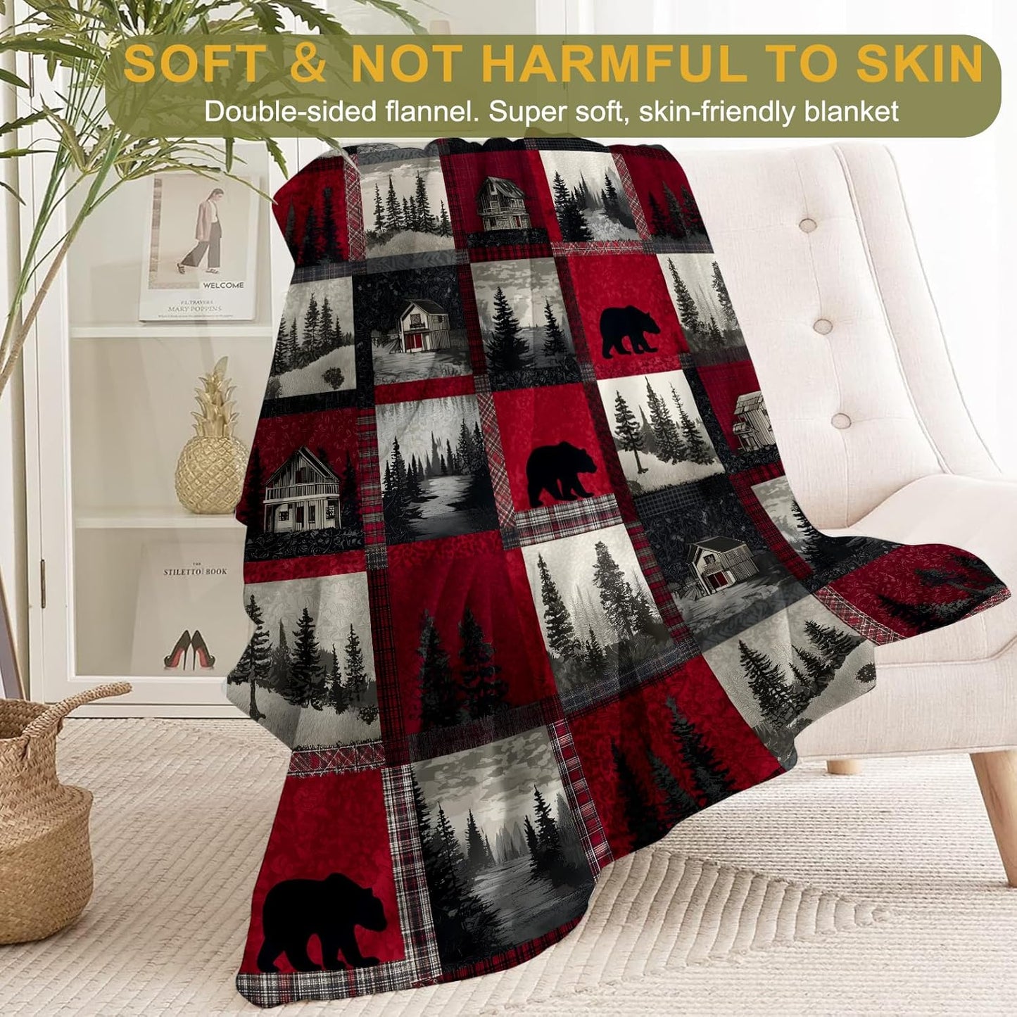 Rustic Christmas Decorative Blanket, Bear Cabin Forest Patchwork Print Throw Decoration, Soft Flannel Winter Blankets for Couch Bed Sofa, Holiday Home Decor, Xmas Festival Gifts 50x60 Inch
