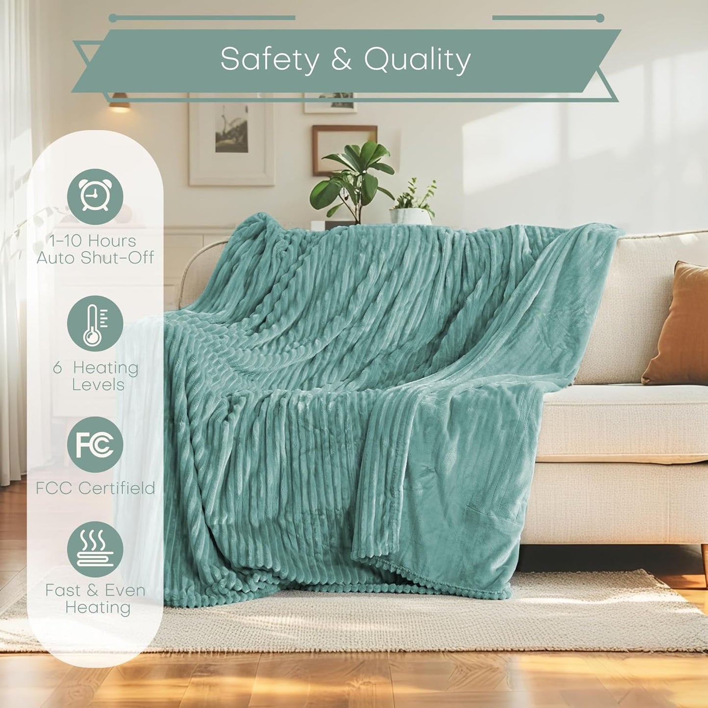 Electric Heated Blanket Twin Size 62"x84" with Cozy Flannel, 6 Heat Settings & 10 Hours Auto Off, Soft & Cozy Warming Throw for Home, Office, or Bed, Machine Washable, Bean Green
