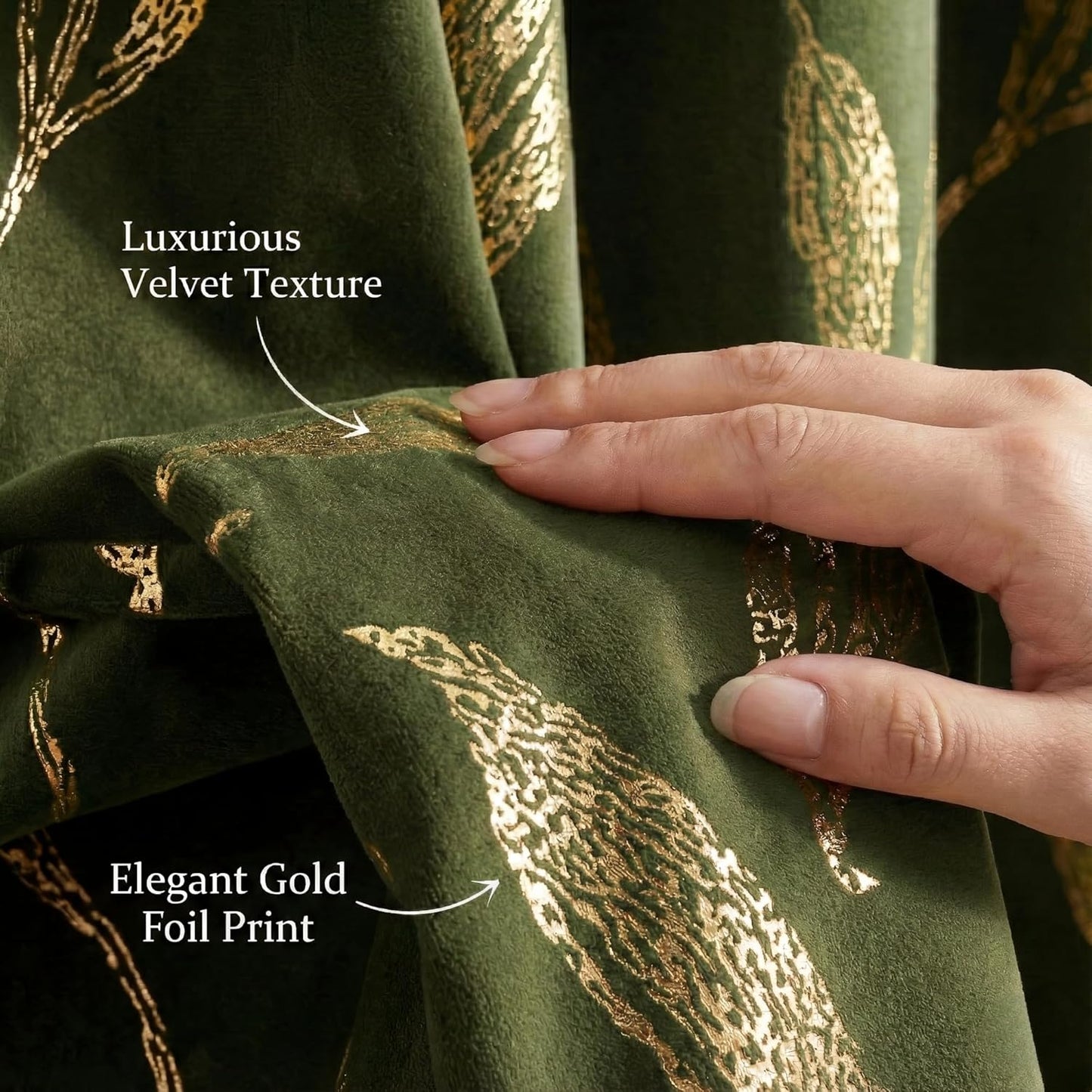 NICETOWN Olive Green Velvet Curtains with Gold Foil Leaf Print – Vintage Drapes for Bedroom, Luxury Botanical Window Treatments for Cottagecore & Mid-Century Decor, Thermal Rod Pocket, W50 x L84
