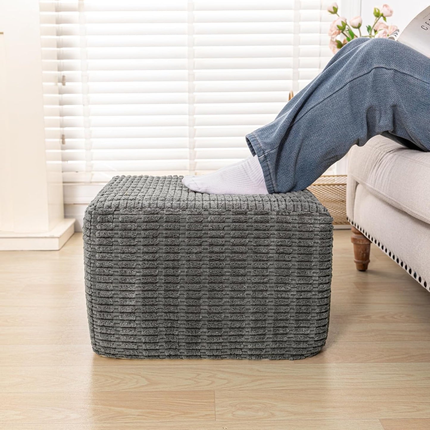Asuprui Round Square Pouf Ottoman Foot Rest – Lightweight Modern Footstool with Plush Foam Filling, Perfect for Living Room Decor & Cozy Comfort – 20x20x14 Inch Chic Accent Piece (Gray)