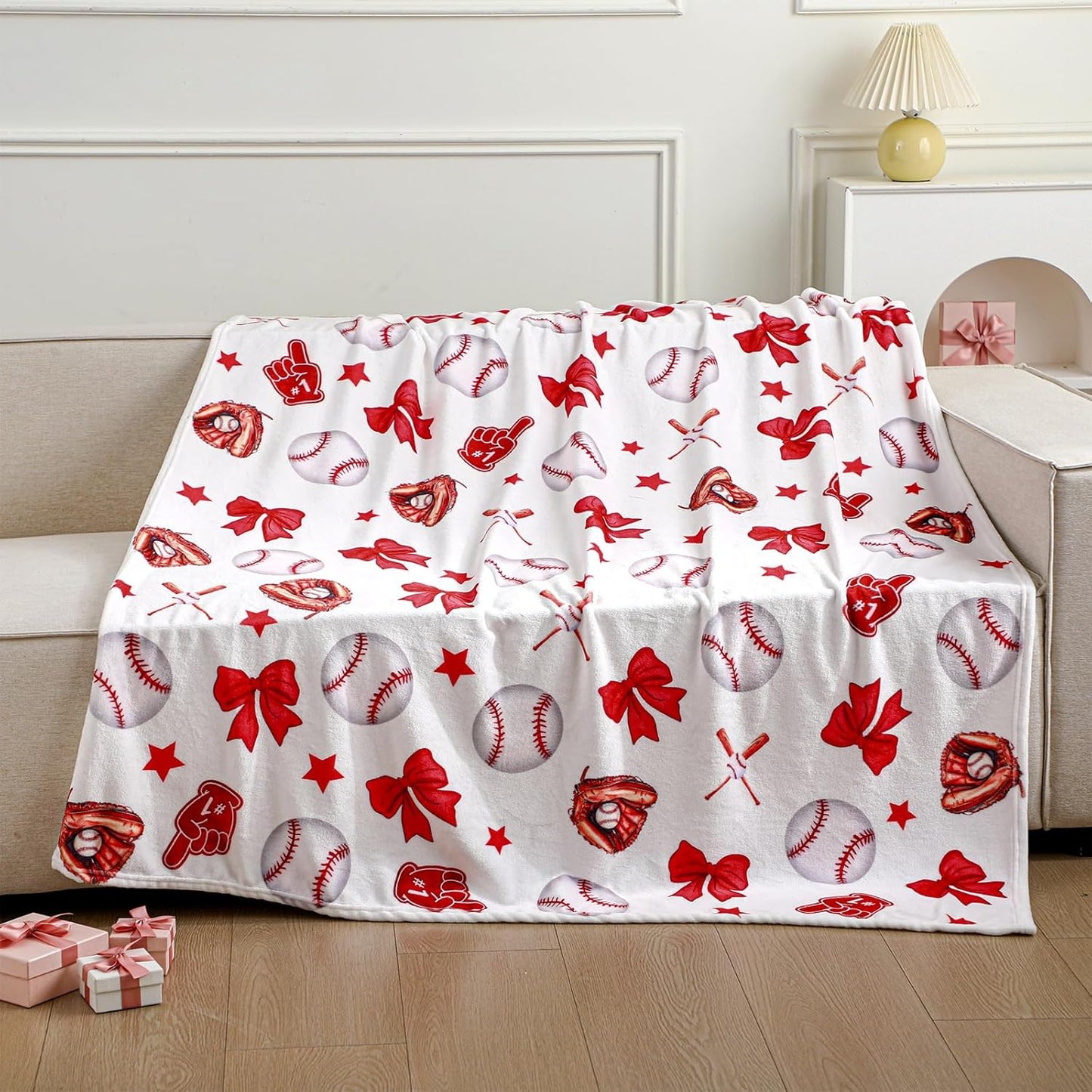 Red Bow Baseball Blanket for Teen Girls Cute Soft Flannel Throw Blanket Washable Aesthetic Fuzzy Fleece Throw for Couch Sofa Bed Decor, Valentine Galentines Day Gift 50 x 60inch