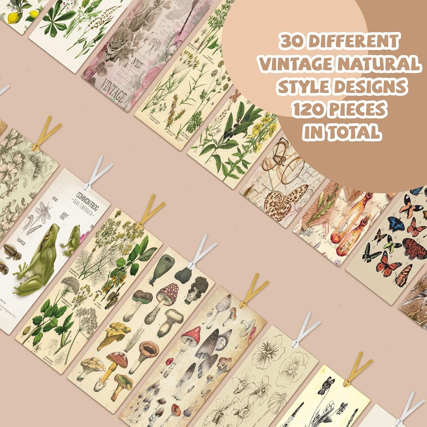 120 Pack Vintage Natural Style Butterfly Flower Plant Bookmarks Vintage Bookmarks Page Clips Assorted Book Markers Set with Exquisite Pattern for Women, Students, and Book Lovers