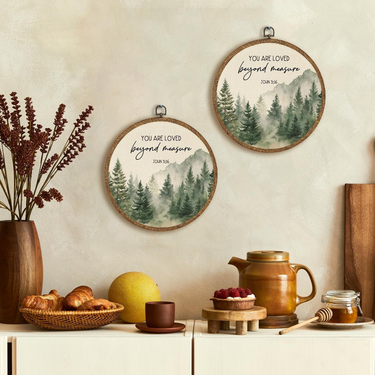 Christian Wall Art Decor-You Are Loved Beyond Measure Bible Verse Round Hanging Artwork, Faith Scripture Prints for Bedroom Living Room Prayer Room, 10 Inch Round Wall Hanging Decor Gift for Believers(Green-John 3:16)