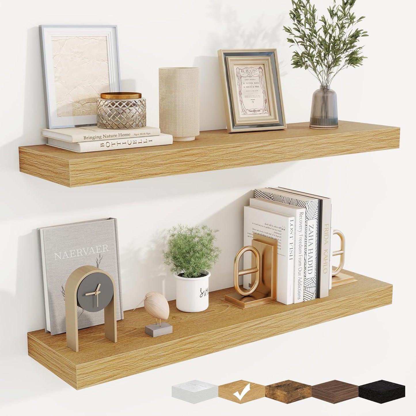 fuqing Floating Shelves for Wall, Wall Mounted Wood Floating Shelf with Invisible Brackets for Living Room, Bathroom, Bedroom, Kitchen Storage and Decor, 30 Inch Set of 2, Oak