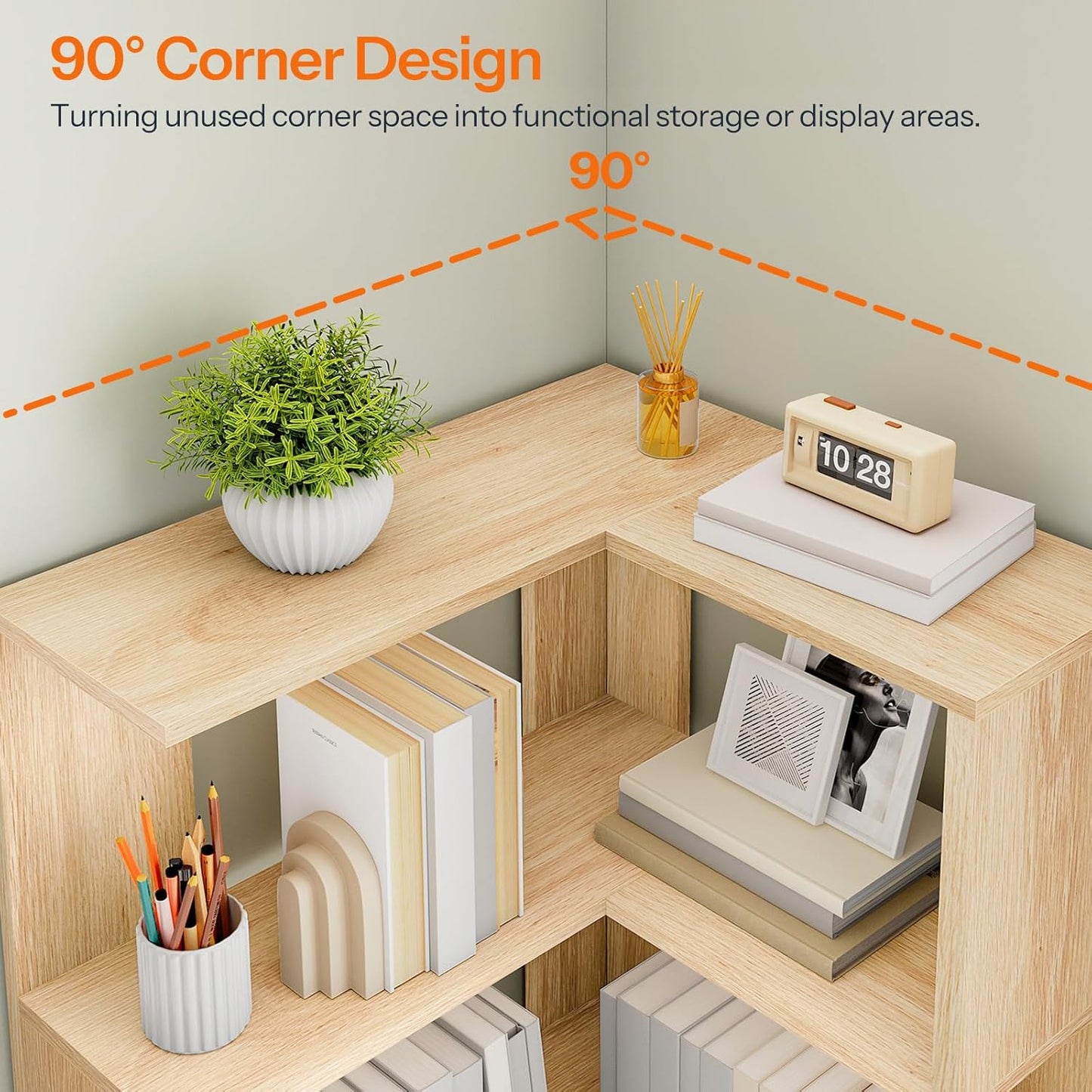 HOOBRO 5-Tier Corner Bookshelf, L-Shaped Corner Bookshelf, 55.3'' Tall Wooden Bookcase with Baffle, Freestanding Display Rack, for Living Room, Home Office, Natural NL50SJ01