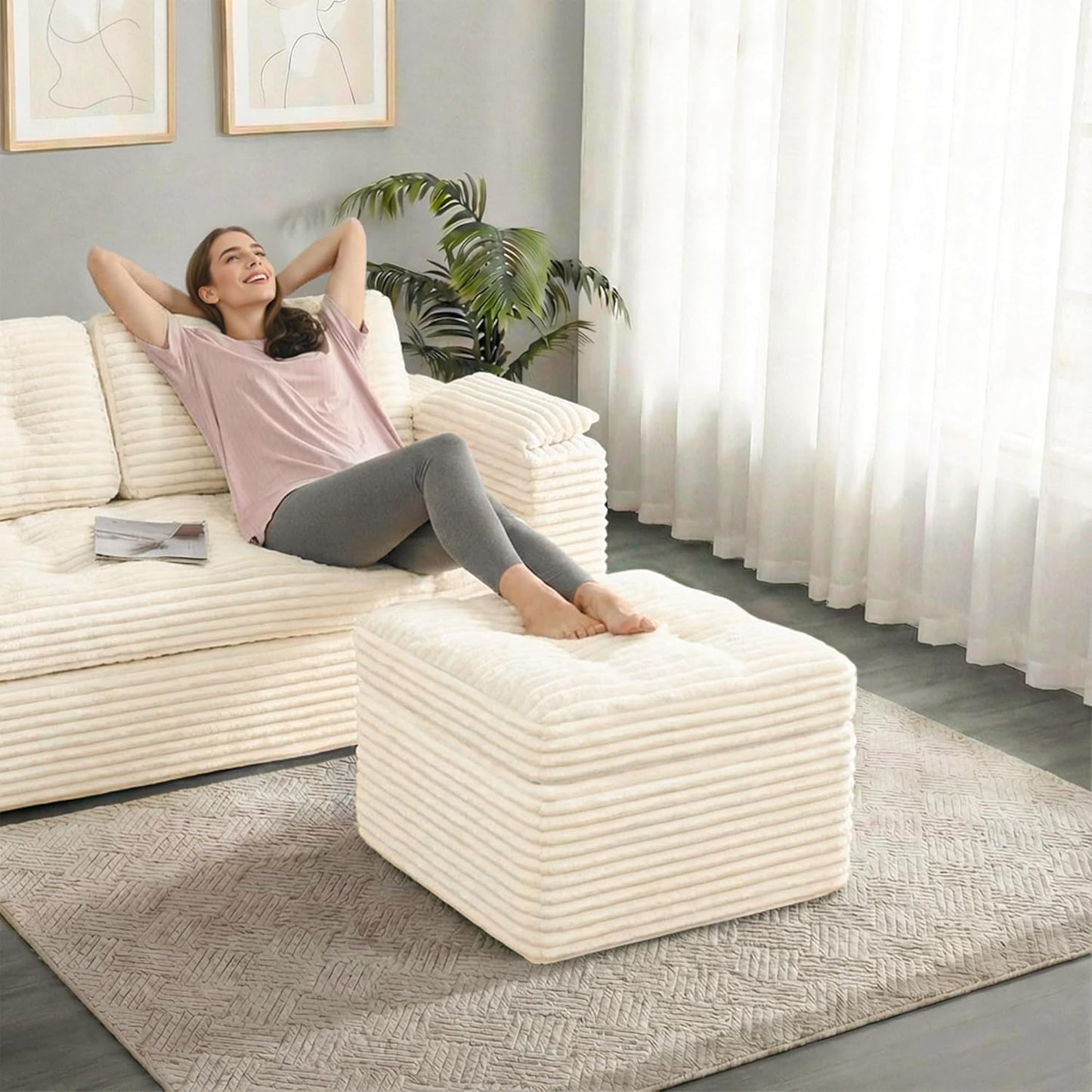 23.6in Pouf Ottoman, Corduroy Ottoman Foot Rest with Dual‑Layer Support, Large Poofy Pouf with Soft Chunk‑Foam Top & Firm Foam Base, Floor Foot Stool for Living Room, Beige